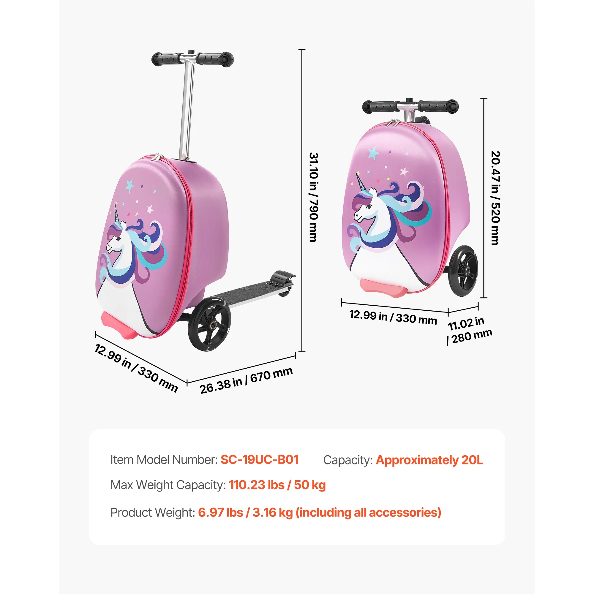 Ride-on Kids Luggage, 20L Capacity, 20-Inch Scooter Suitcase with Flashing PU Wheels, Adjustable Handle Non-Slip Grip, Foldable and Lightweight Travel Companion for Children Aged 5+, Purple - Image 7