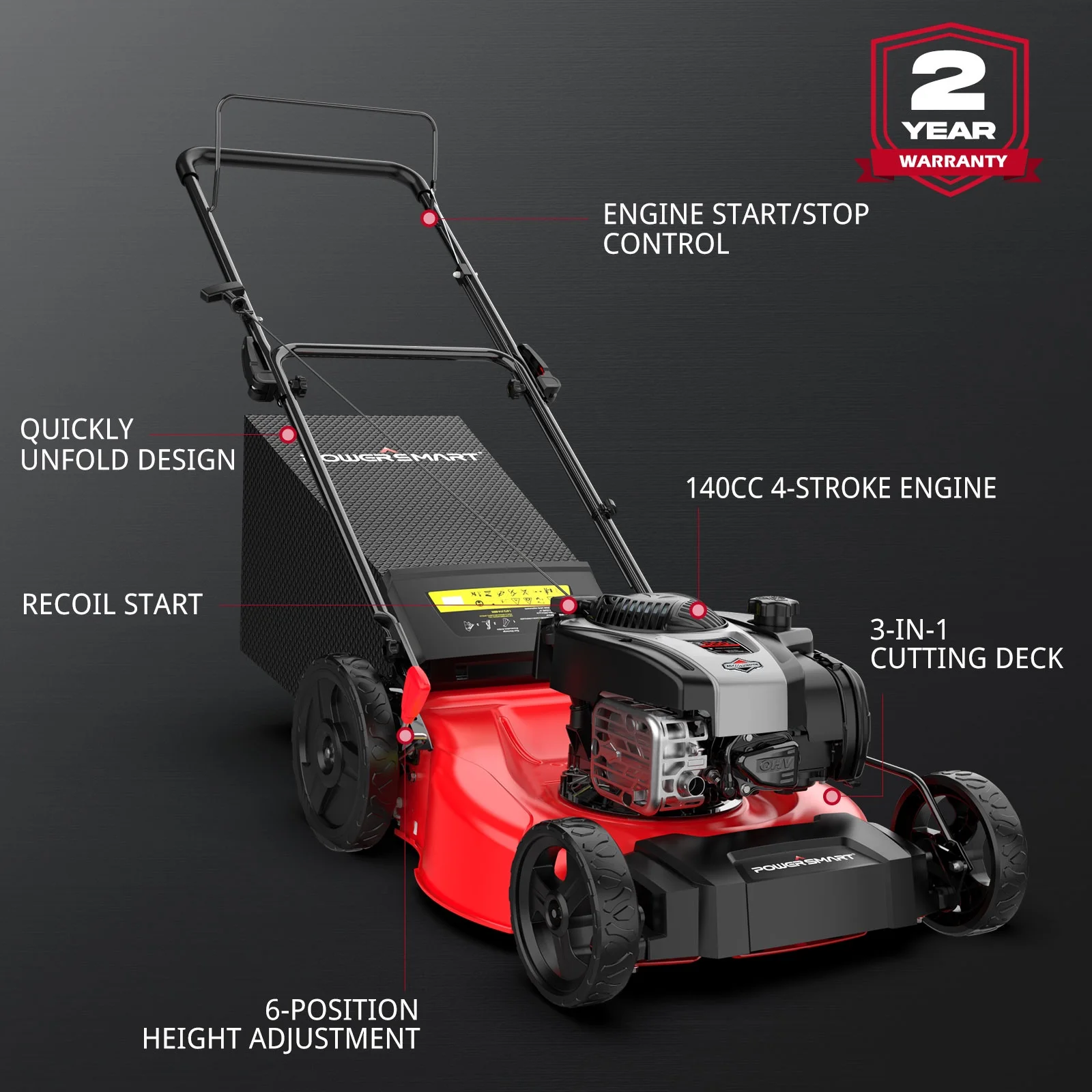 21-inch 140cc 4-Cycle BS Engine Gas Powered Push Walk-Behind Mower, 2-in-1 Bag - Image 2