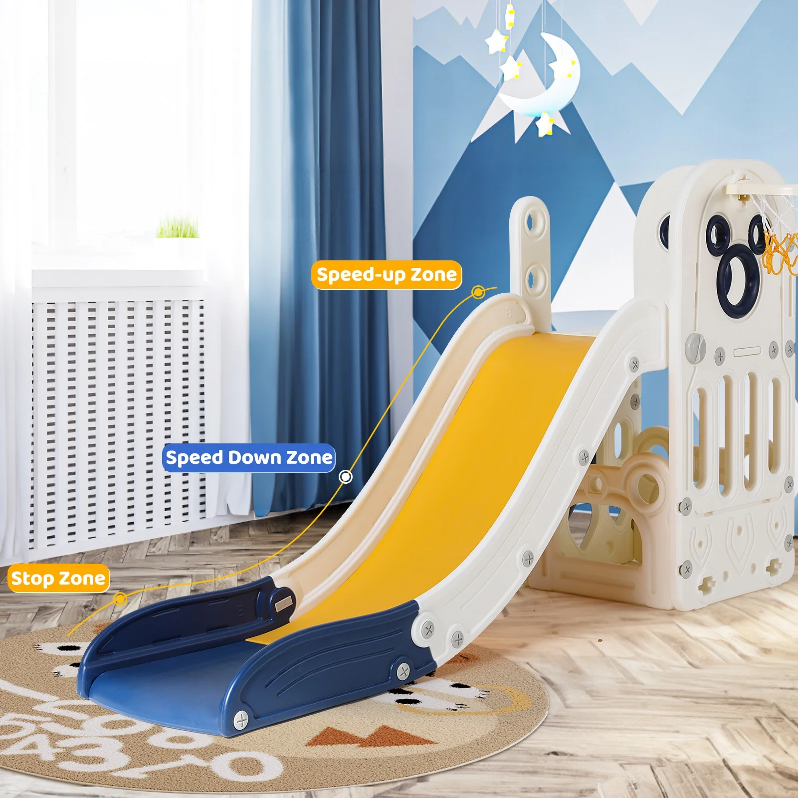 Sturdy Toddler Slide with Basketball Hoop Plastic Kids Slide Climber with Anti-Slip Steps Indoor Outdoor Children Toy Playground(Blue) - Image 9