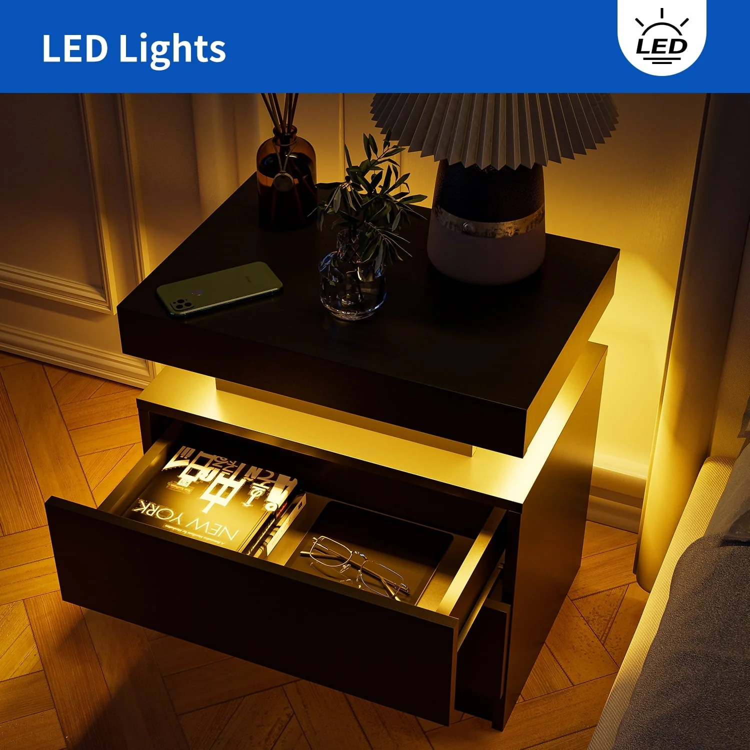 LED Nightstand Set of 2, Modern Bedside Table with 2 Drawers Storage Space, Adjustable Colors LED Light, Black(Black) Image 8