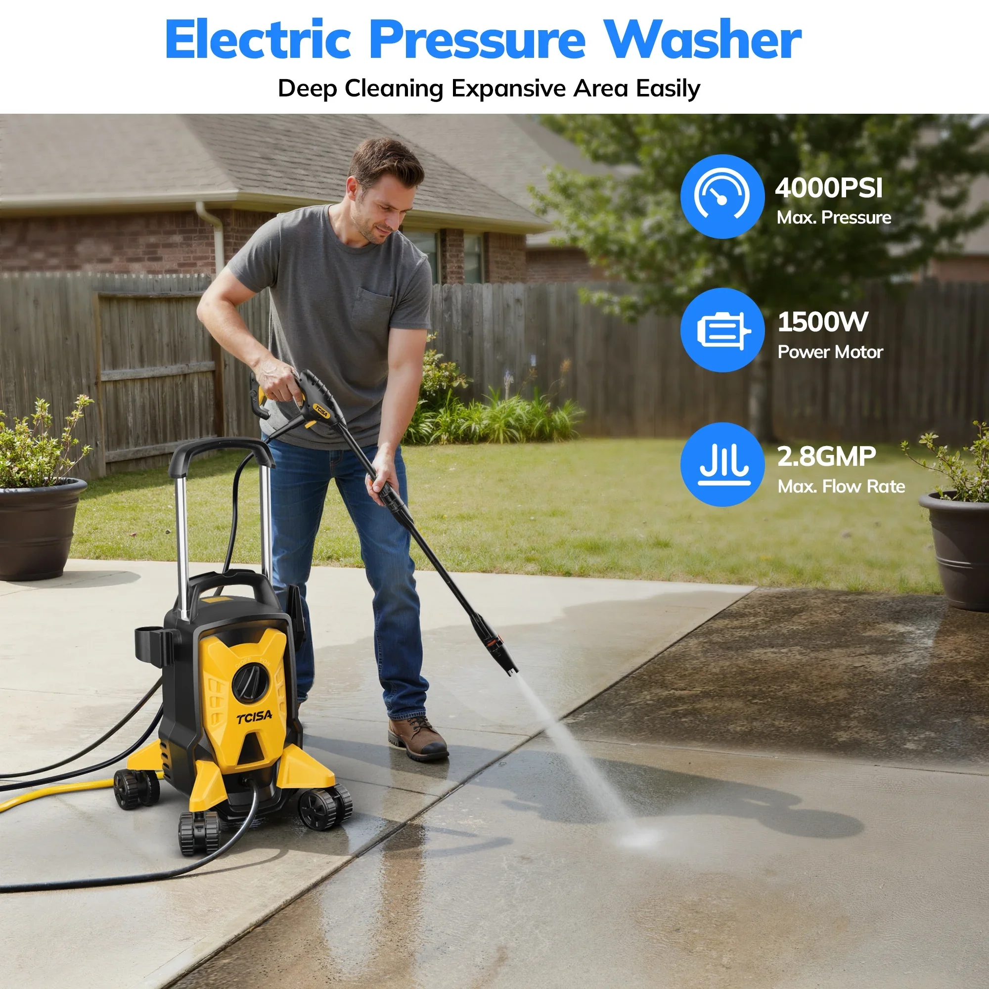 TCISA Electric Pressure Washer,4000 PSI Max 2.8 GPM Power Washer with 35FT Cord,20FT Hose,Adjustable Nozzle 0-120��,Foam Cannon for Car Garden Patio