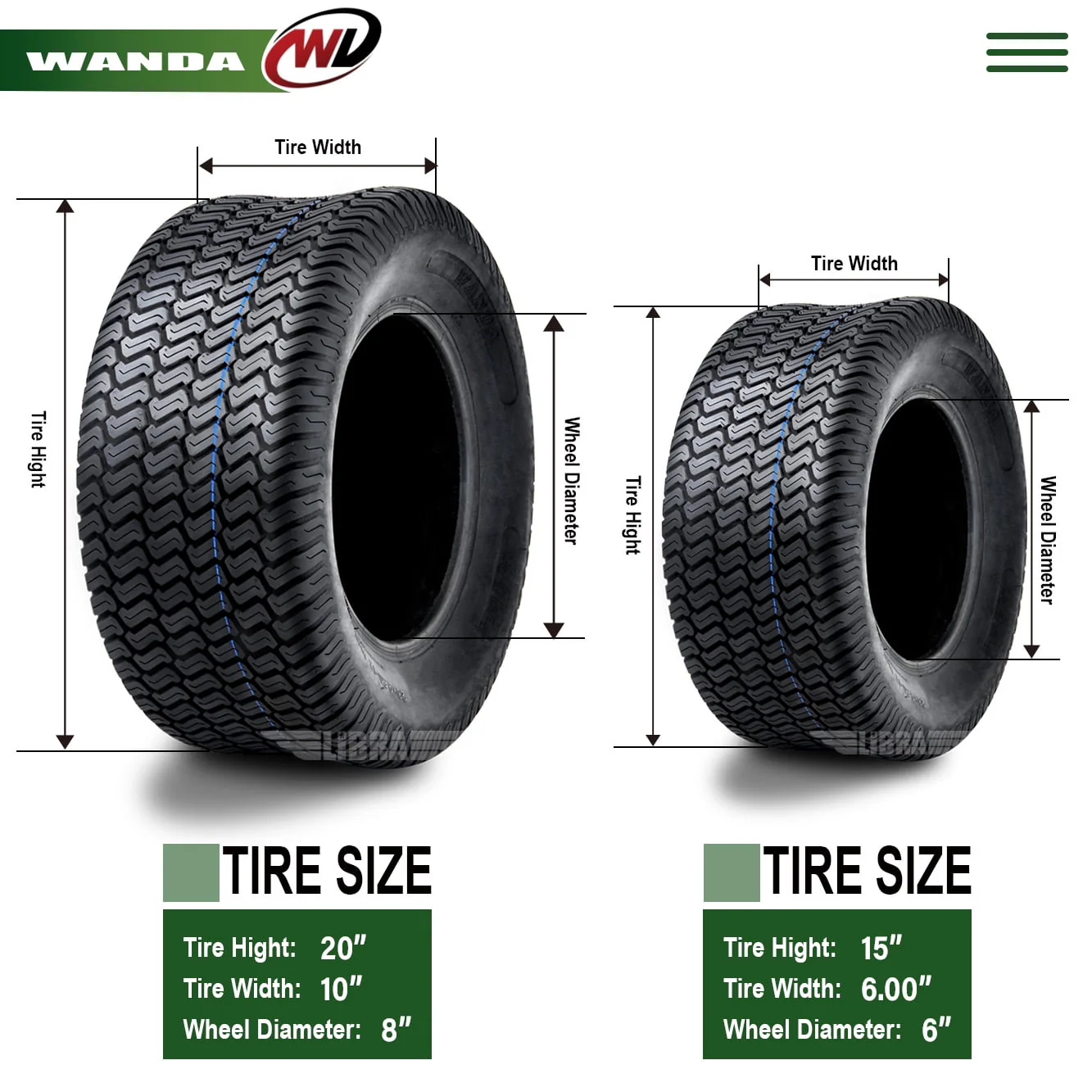 Set of 4 New Lawn Mower Turf Tires 15x6 - 6 Front & 20x10 - 8 Rear /4PR - 13016 - 13040