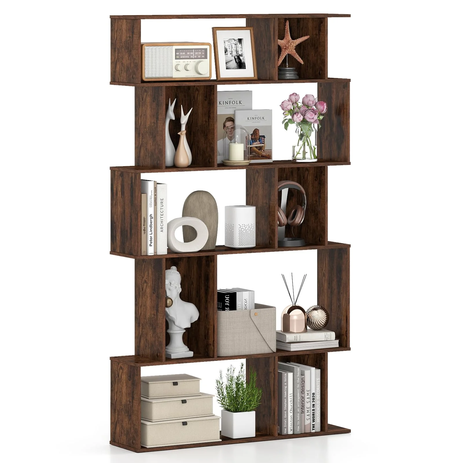 Tangkula Geometric Bookshelf 5-Tier Bookcase with Open Shelves and Closed-back Cubes