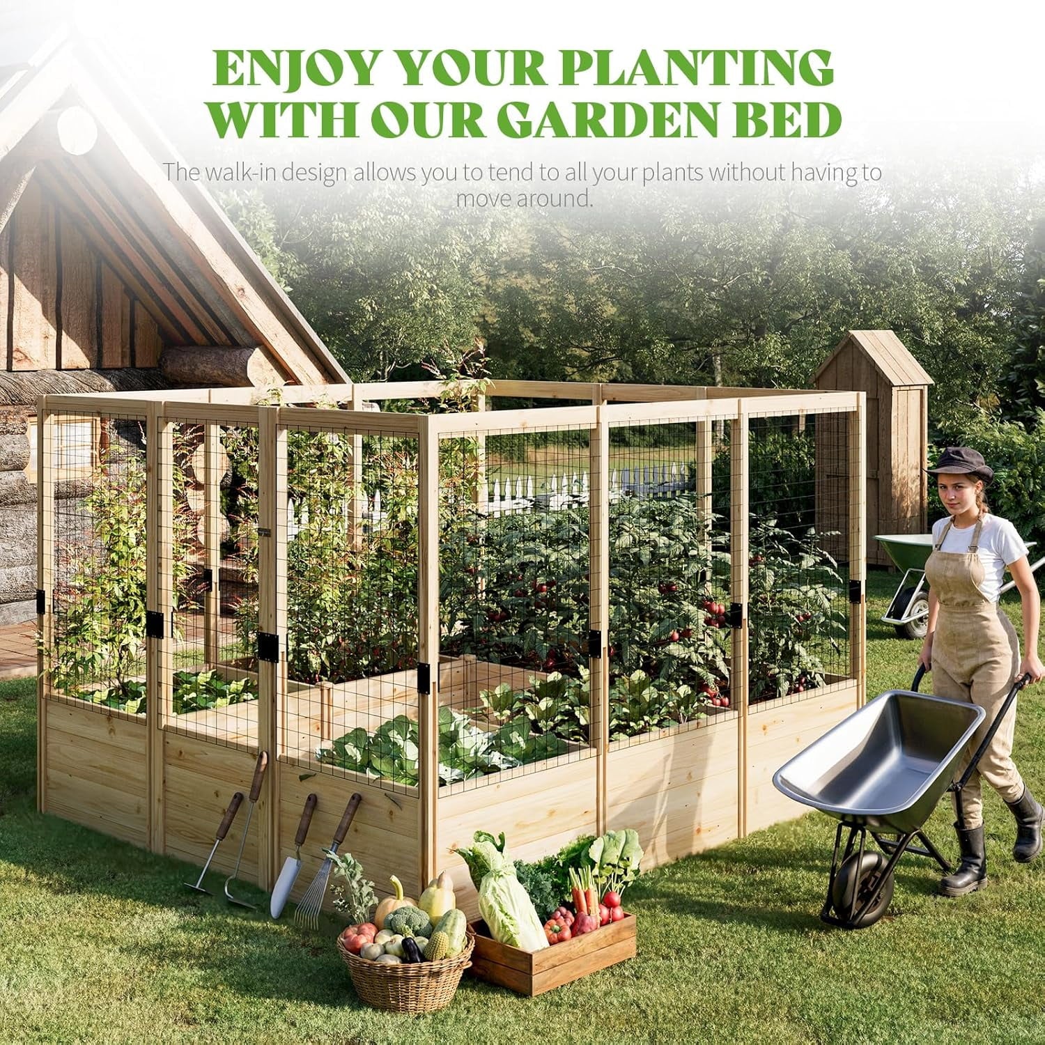Jocisland Wooden Raised Garden Bed for Outdoor, Deep Large Planter Box with Netting for Gardening, Vegetables, Herbs��8��9��6 ft��