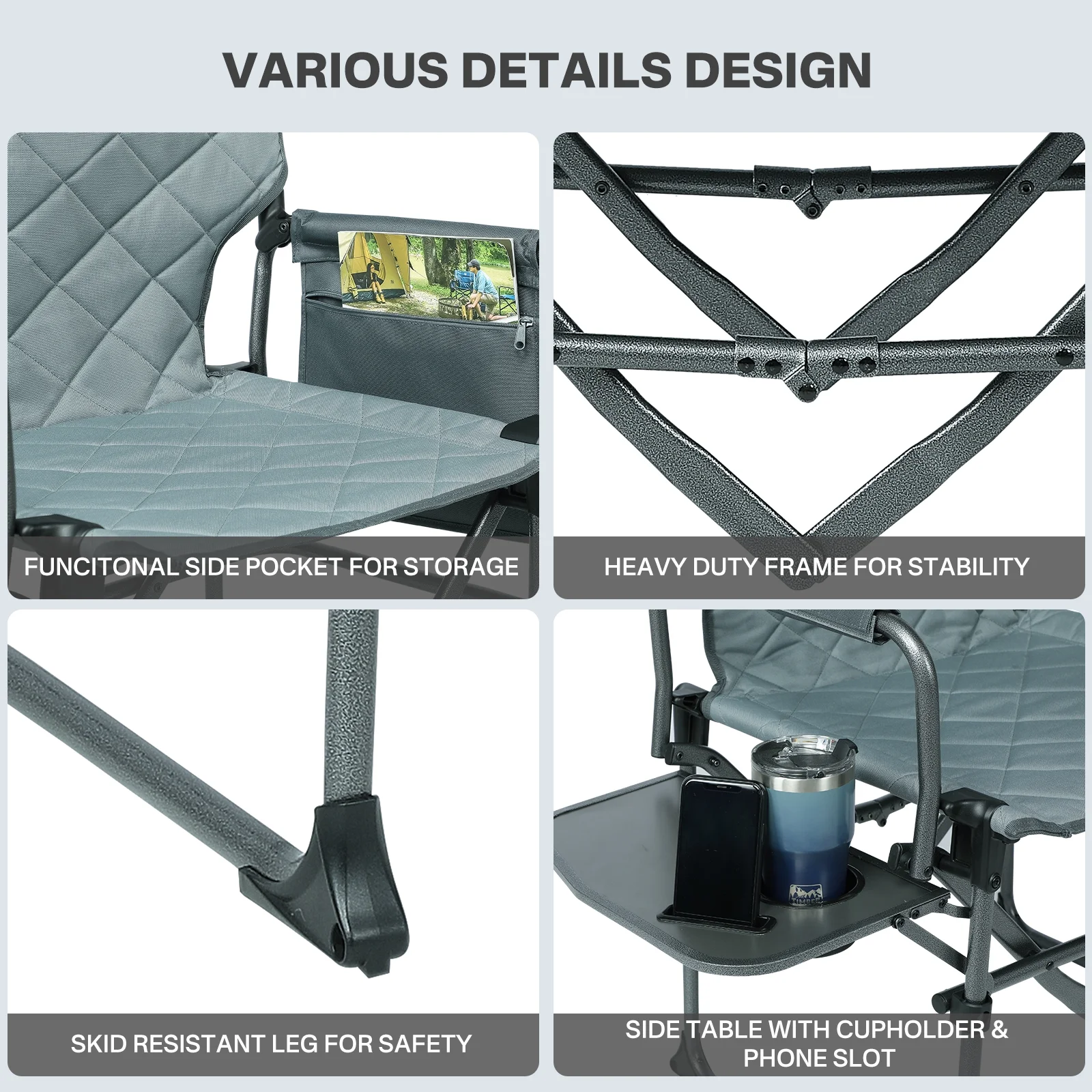 TIMBER RIDGE Portable Director Chair, Heavy Duty Camping Folding Chair with Compact Size with Side Pocket and Side Table, Support 400 lbs, Grey(1/Gray) - Image 7