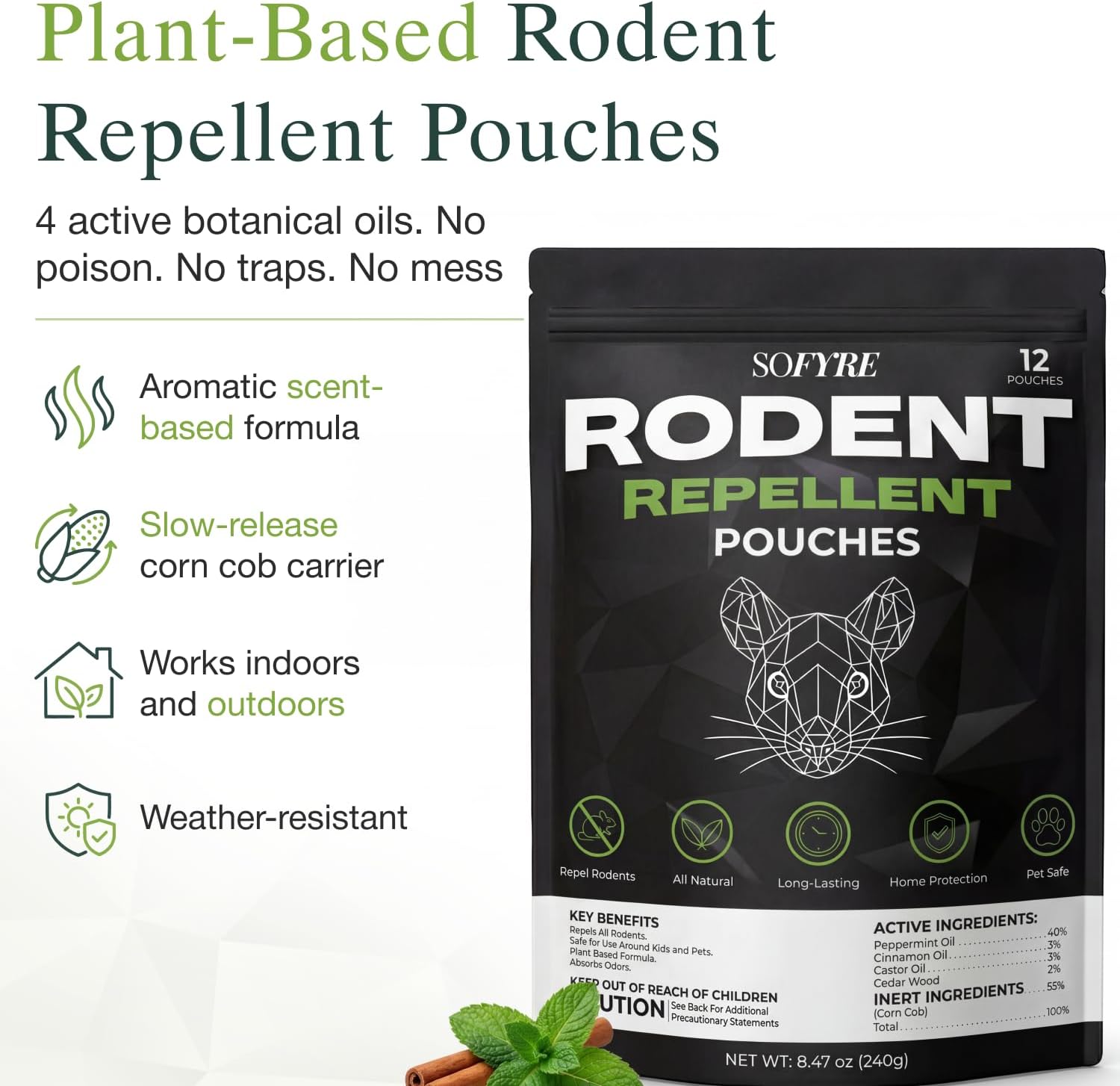 SoFyre Rodent Repellent Pouches 12-Pack Mouse Repellent for Home RV Garage Car Basement, Indoor & Outdoor Mice Deterrent, Peppermint Cinnamon Cedarwood Rat Repellent, Plant-Based Natural Pest Control