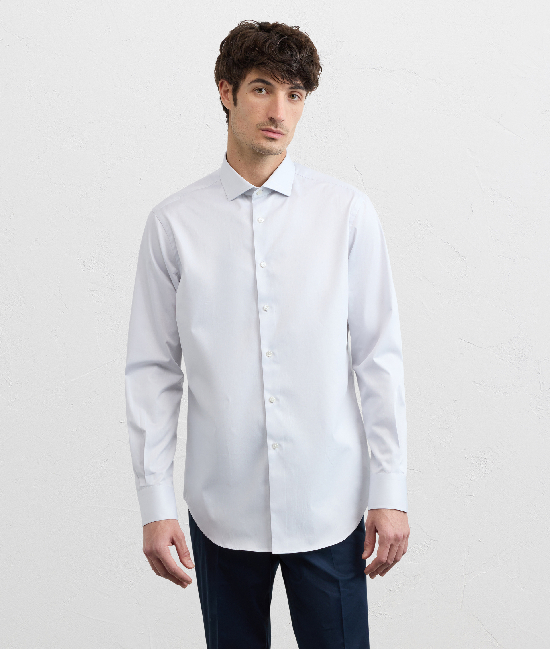 LIGHT GREY COTTON TWILL SHIRT WITH SMALL TORINO COLLAR AND STANDARD CUFF