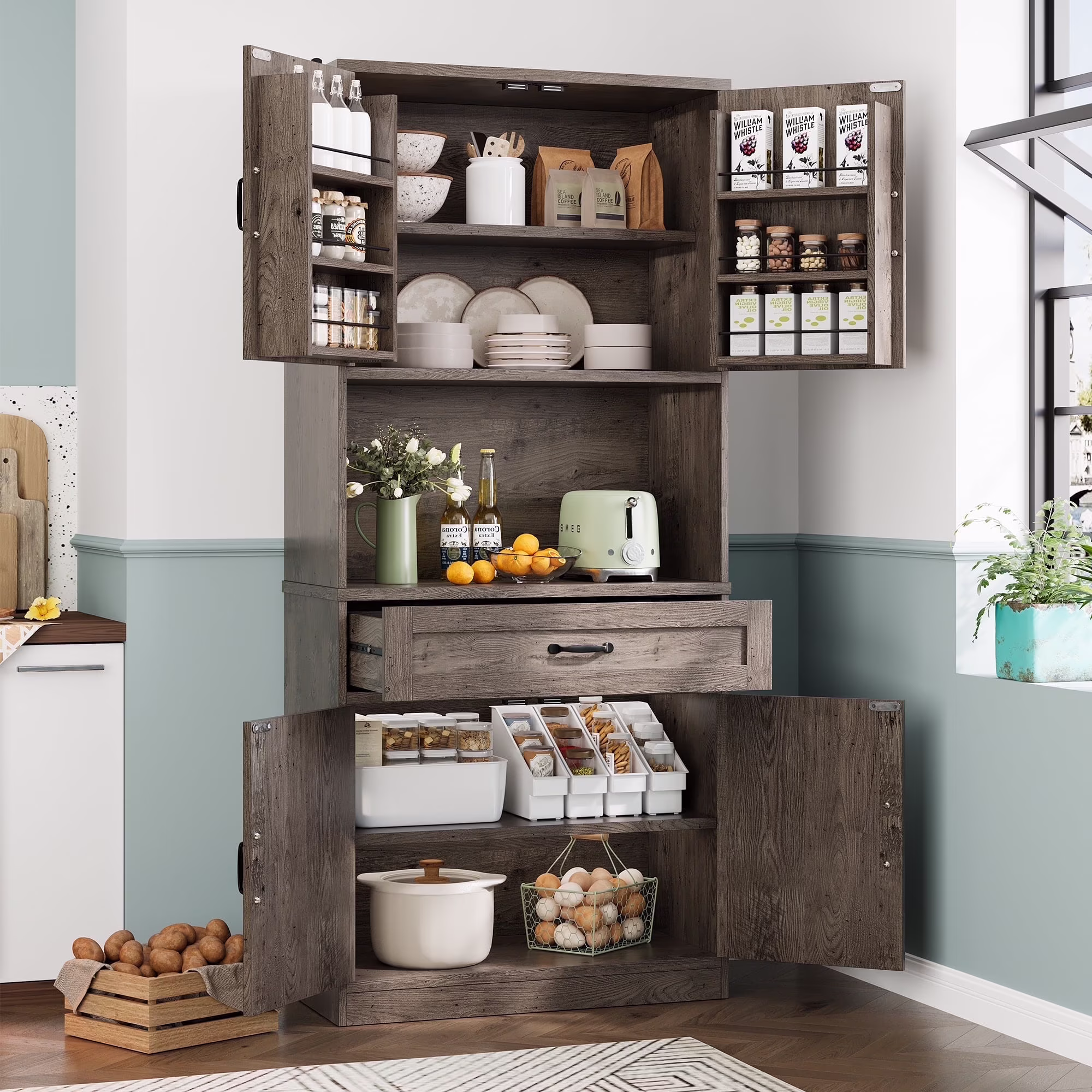 71'' Tall Kitchen Pantry Storage Hutch Cabinet with Doors and Shelves, Grey Oak(71'' Pantry Cabinet(Grey Oak))