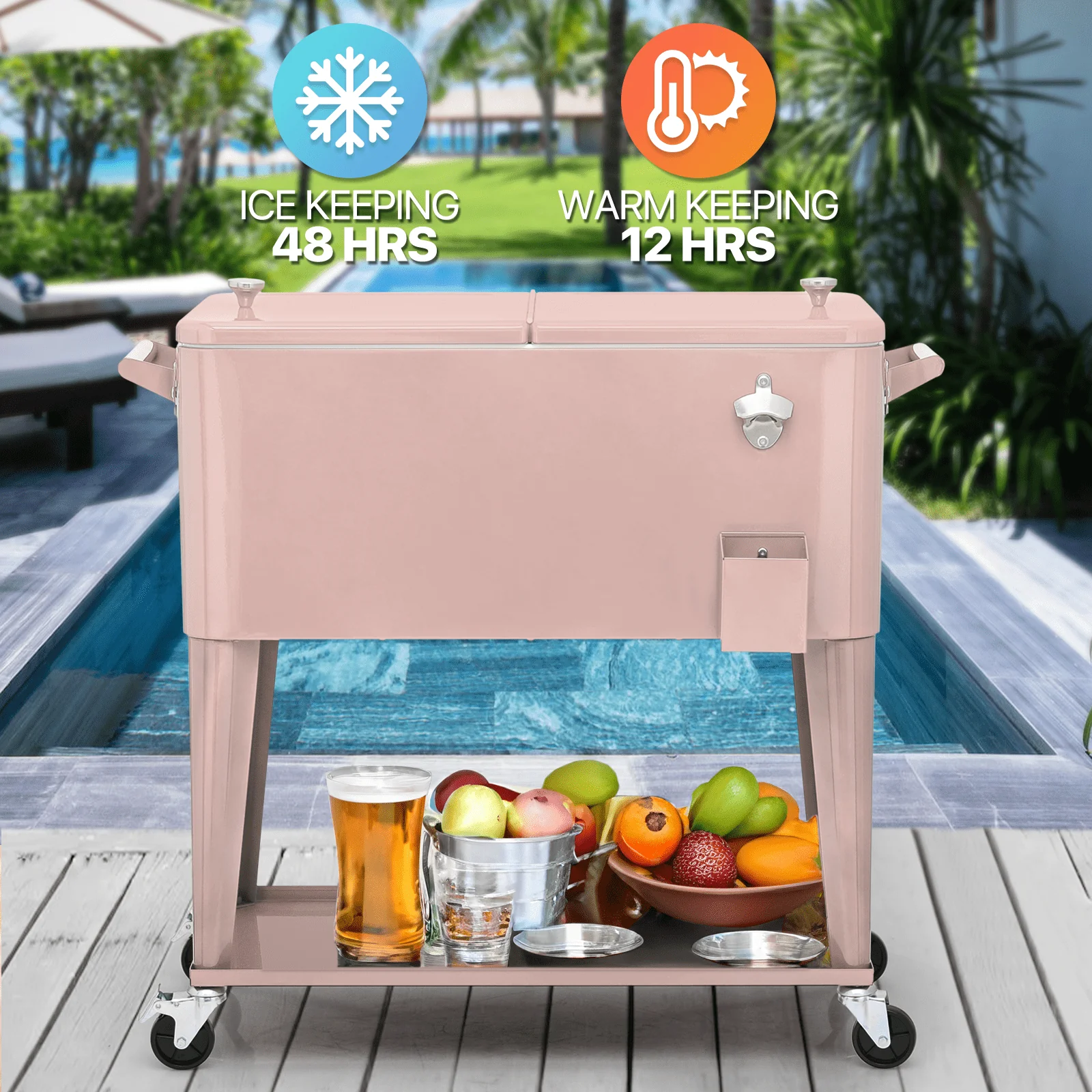 Magshion 80 Quart Rolling Cooler Ice Chest, Portable Bar Cold Drink Beverage Cart Tub, Backyard Cooler Trolley on Wheels with Ice Scoop, Catch Tray Bottle Opener, Pink(Black) Image 5