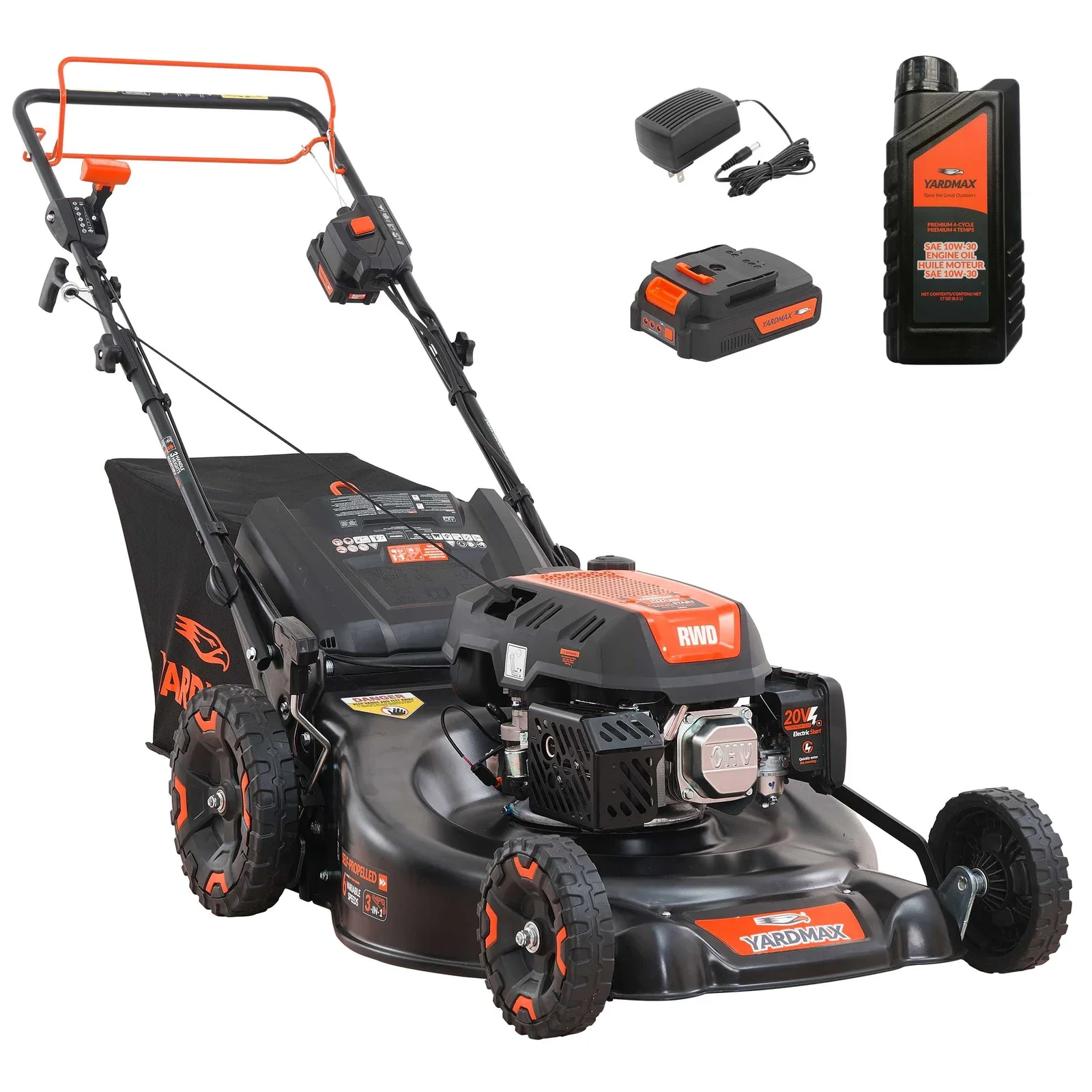 Yardmax YG4761 24" 201cc Electric Start Gas Powered Self-Propelled Walk-Behind Lawn Mower, 3-in-1, 6-Speed CVT, RWD