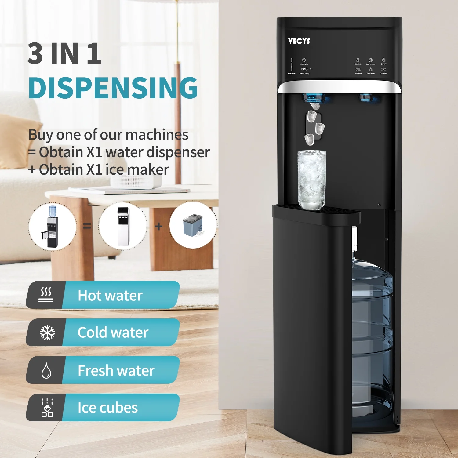 5 gal Water Dispenser with Ice Maker, Self-clean Child Lock(Black) - Image 2
