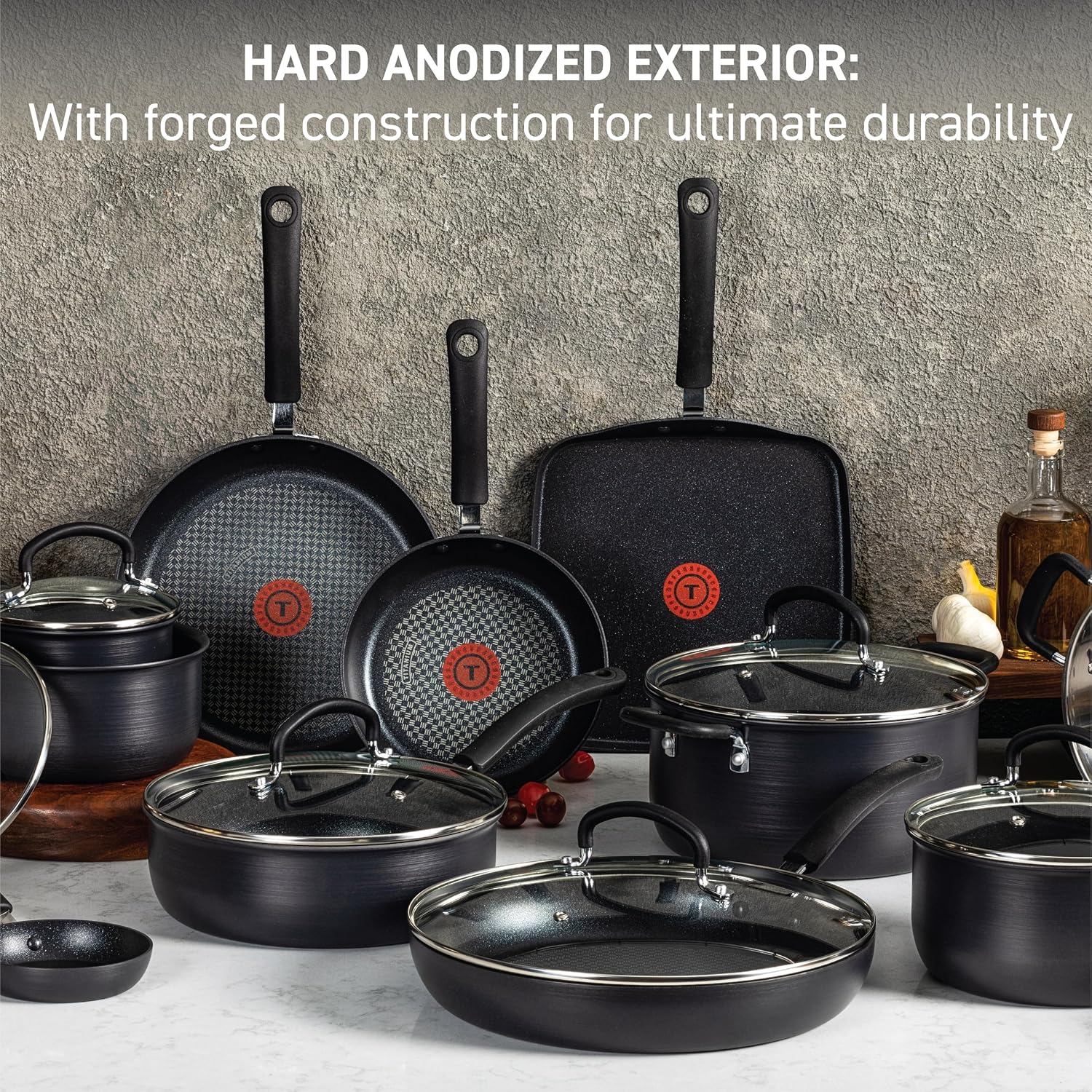 T-Fal Ultimate Hard Anodized Nonstick Pots and Pans Set 17 Piece, Nonstick Cookware Set with Fry Pan, Saucepans, Saute-Pan, Griddle, Dishwasher Safe, Onyx