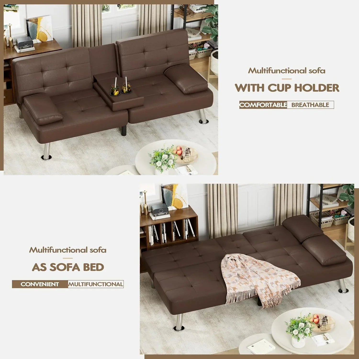 Canapé-lit futon Homall en cuir avec accoudoirs et fauteuil inclinable réglable