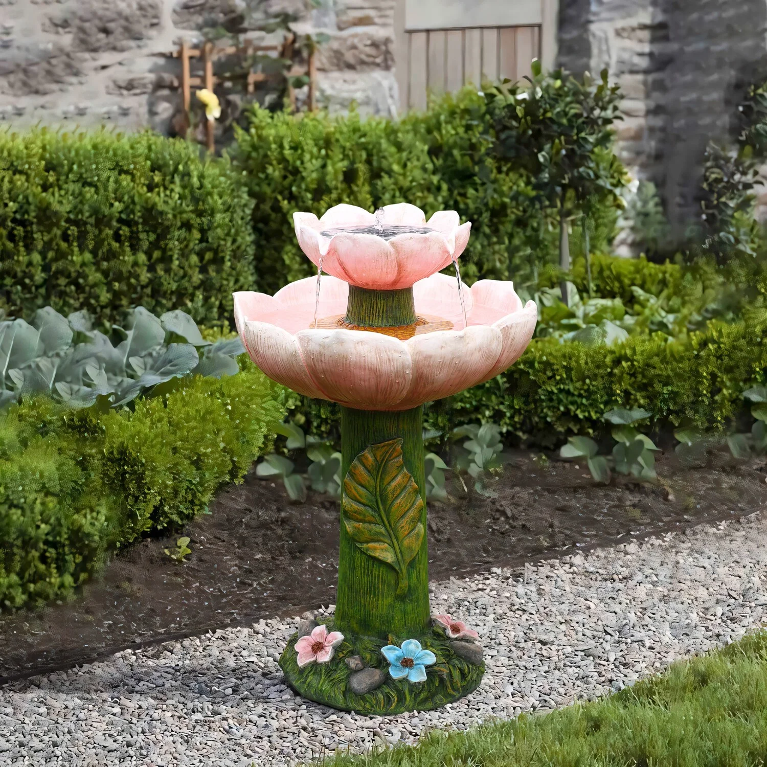 Luxenhome Solar Powered Pink Flower 2 - Tier Resin Birdbath Fountain with Lights