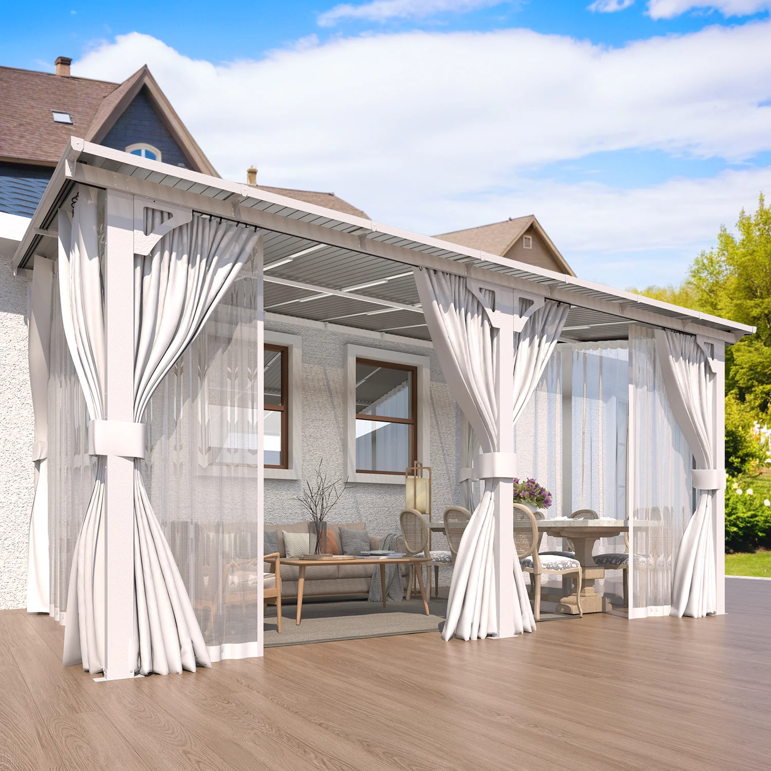AECOJOY 14'x10' Wall Gazebo with Curtains and Mosquito Netting, White