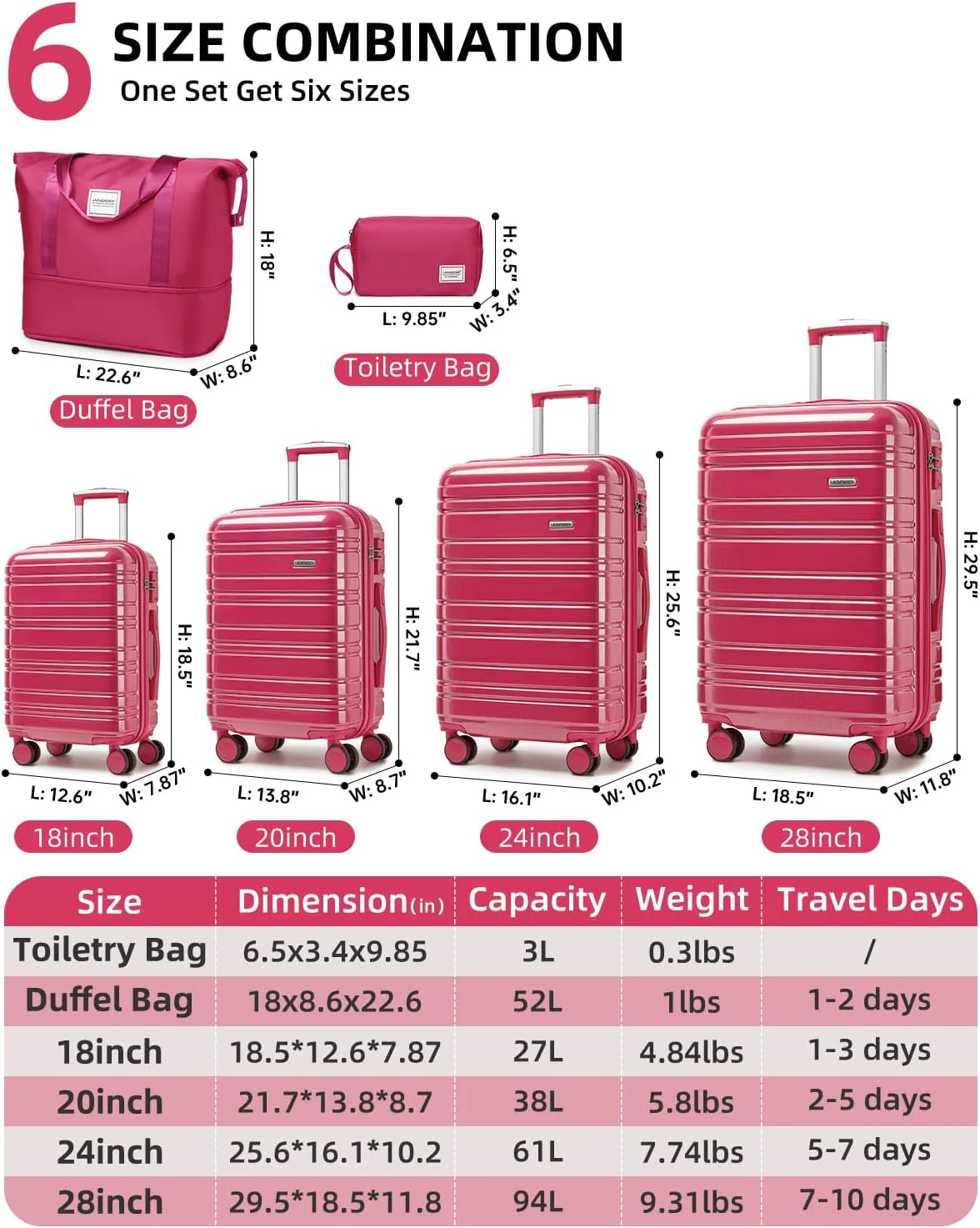 Ensemble de 6 valises, ensemble de valises rigides extensibles avec roulettes multidirectionnelles, ensemble de bagages à roulettes légers