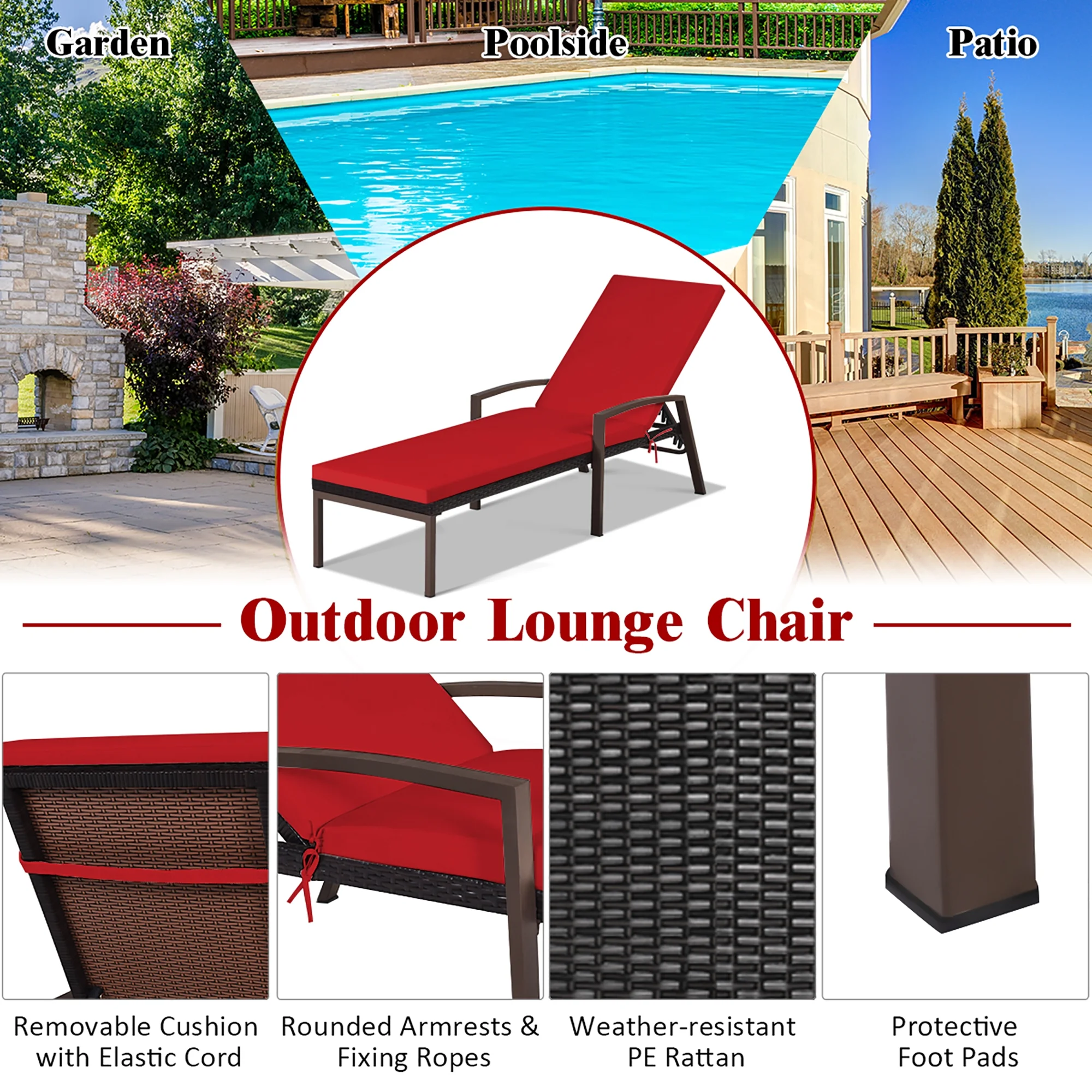 2PCS Patio Rattan Lounge Chair Chaise Recliner Back Adjustable Cushioned Red(Red) - Image 8