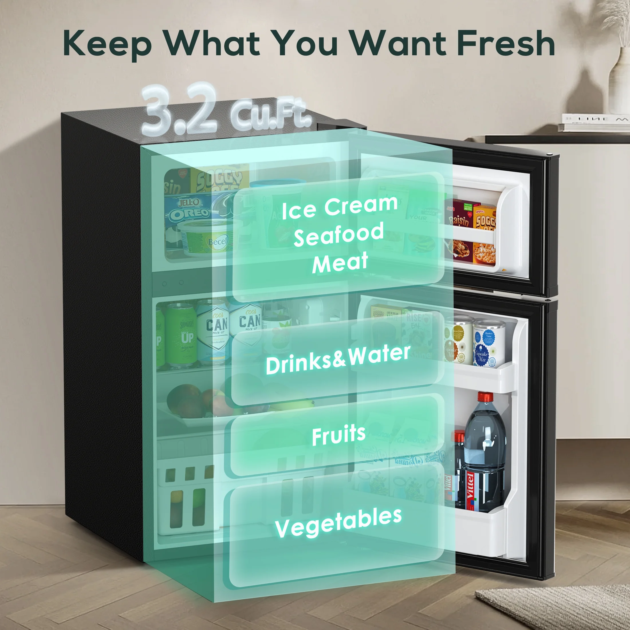 3.2 Cu.Ft Two-Door Compact Refrigerator, Stainless Steel Door, Black(Black) - Image 6