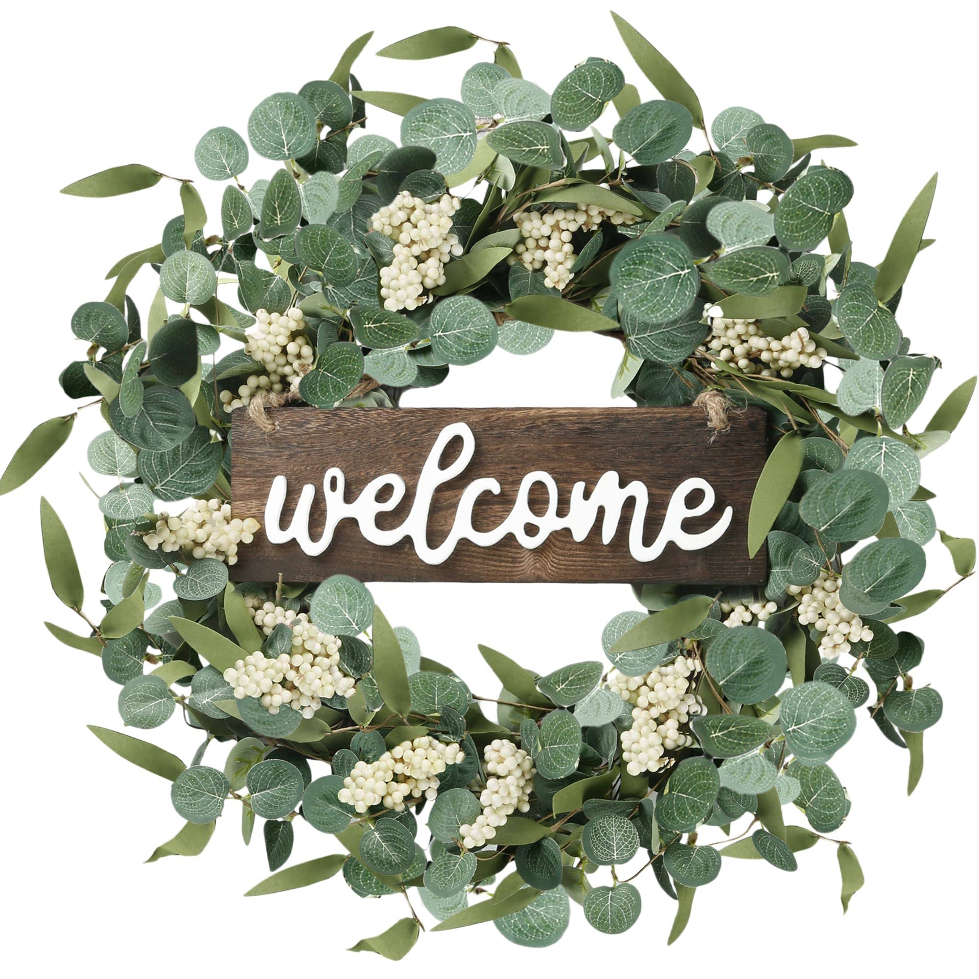 Sggvecsy Green Eucalyptus Wreath with Welcome Sign 20in Artificial Eucalyptus Wreath Spring Summer Wreath with White Berries for Front Door Wall