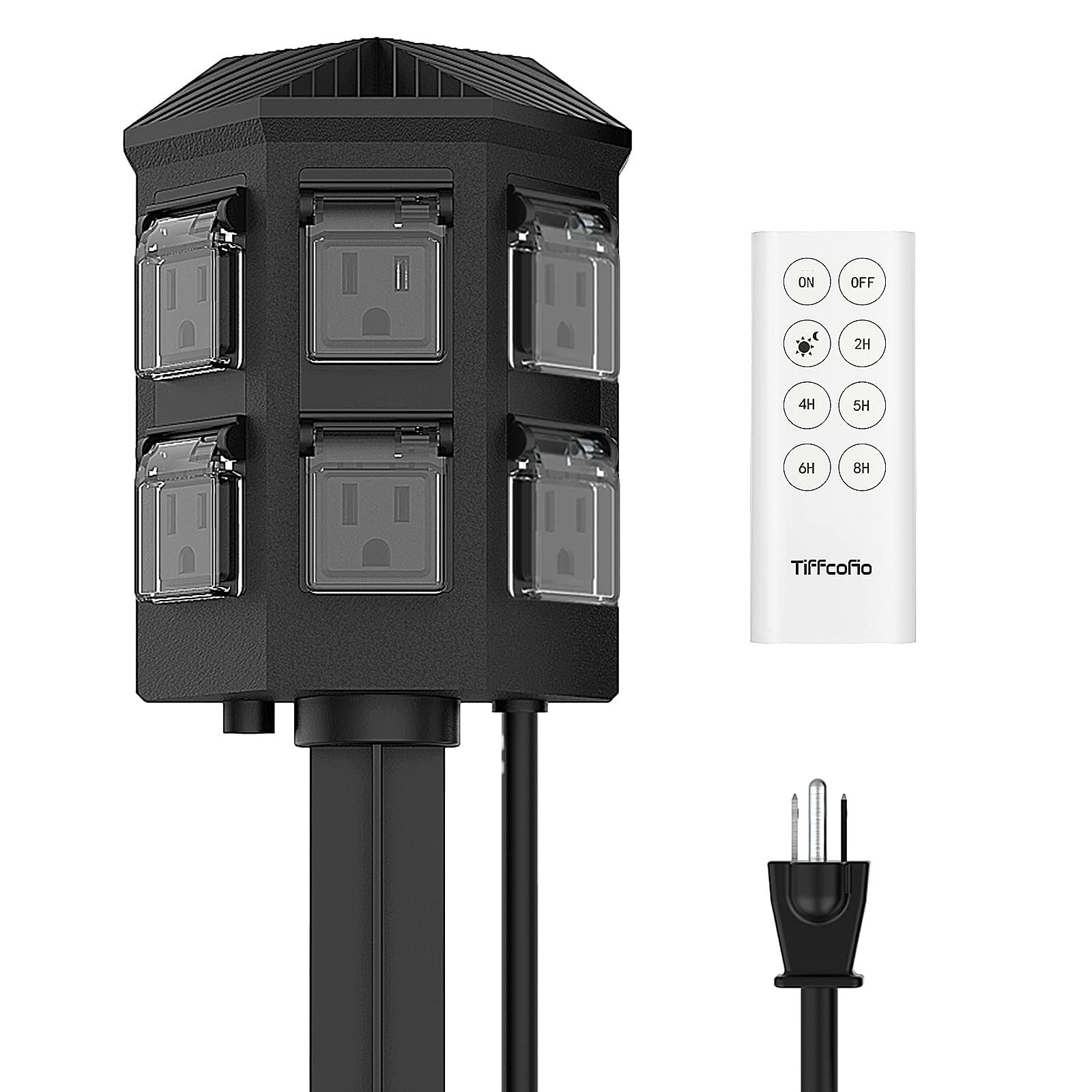 TiFFCOFiO Outdoor Power Stake Timer, 100ft Range Remote Control, Dusk to Dawn Sensor Timer Waterproof, 6ft Extension Cord, 6 Grounded Outlets for