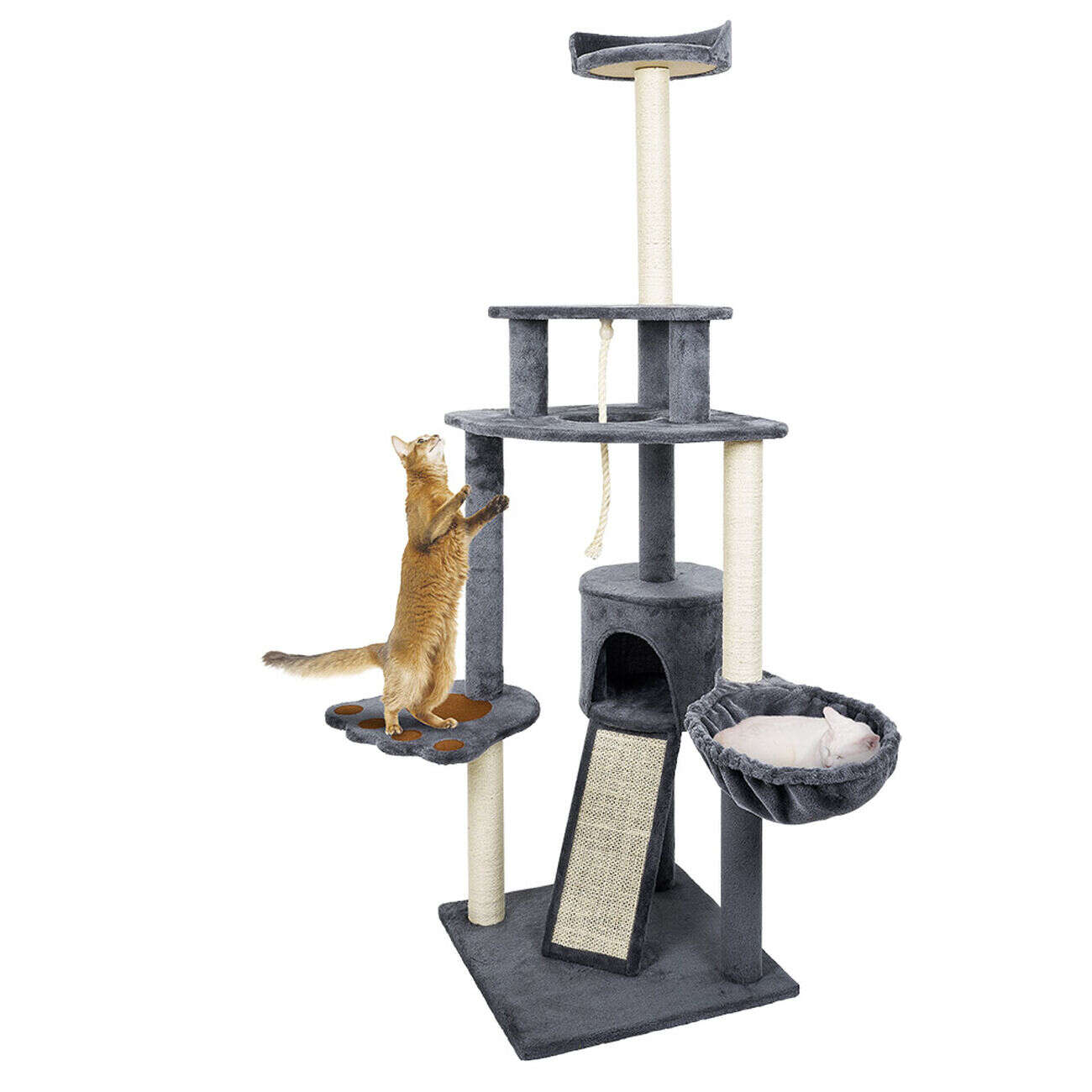 Arbre à chat XXL 4 niveaux gris couchage grifffoir H165cm