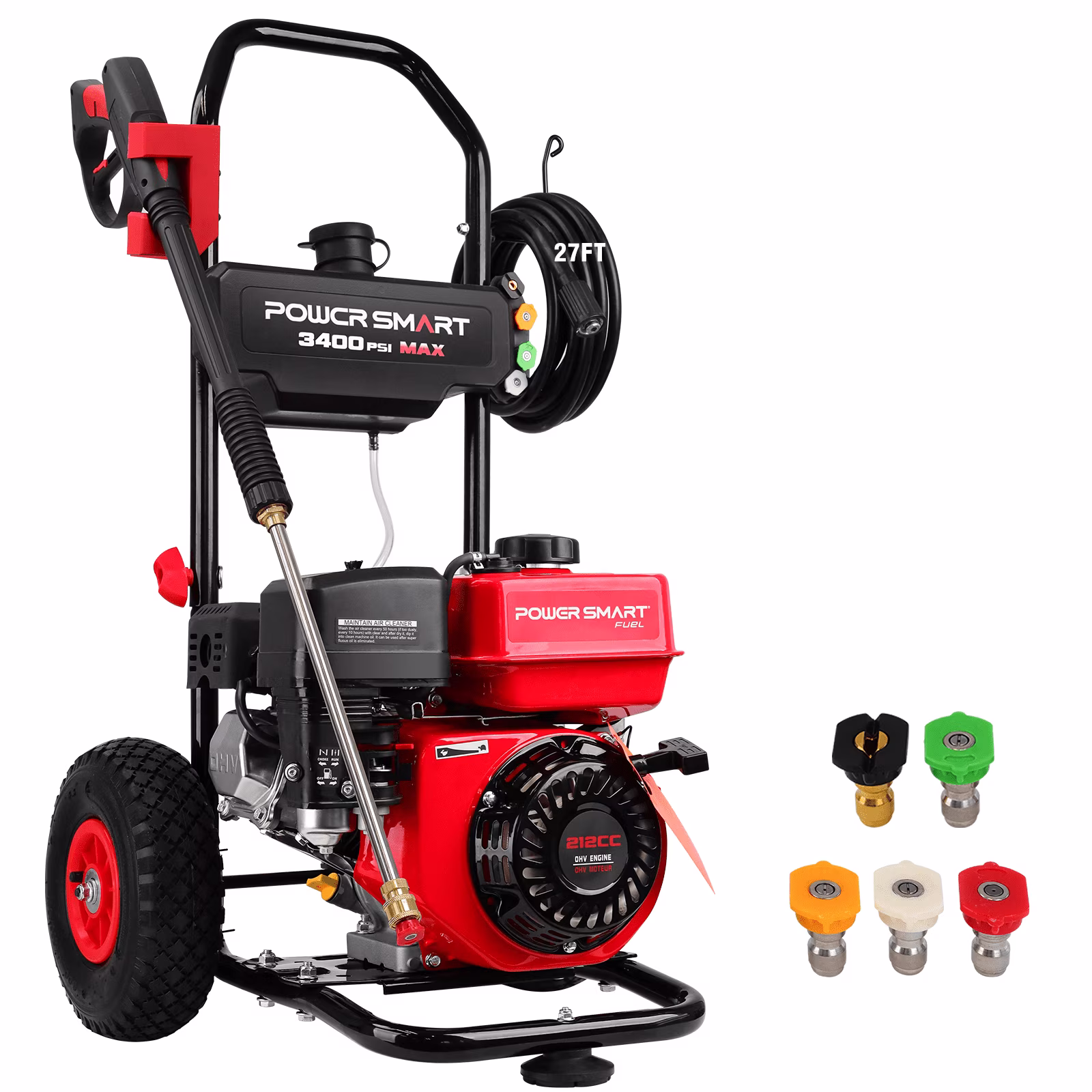 Powersmart 3400PSI Gas Pressure Washer, 212cc Engine 2.5GPM 5 Quick - Adjustable Nozzles for Gardens