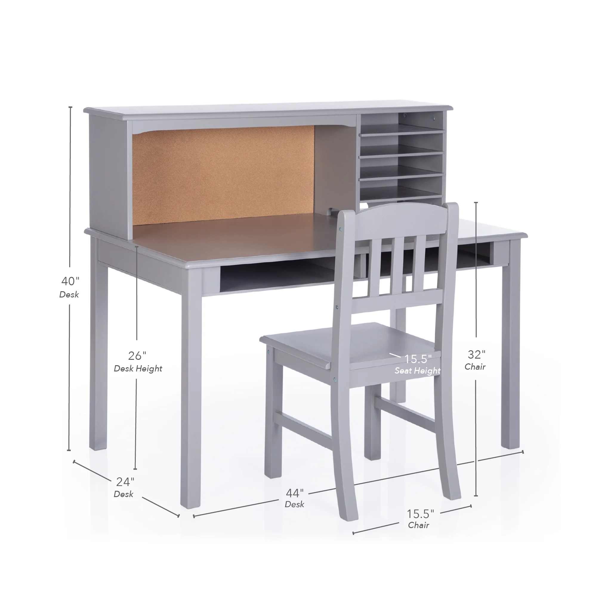 Kids Media Desk and Chair Set Gray: Kids Desk and Chair Set, Study Table for Kids with Hutch and Shelf, Wood Bedroom Furniture Set(Gray) - Image 8
