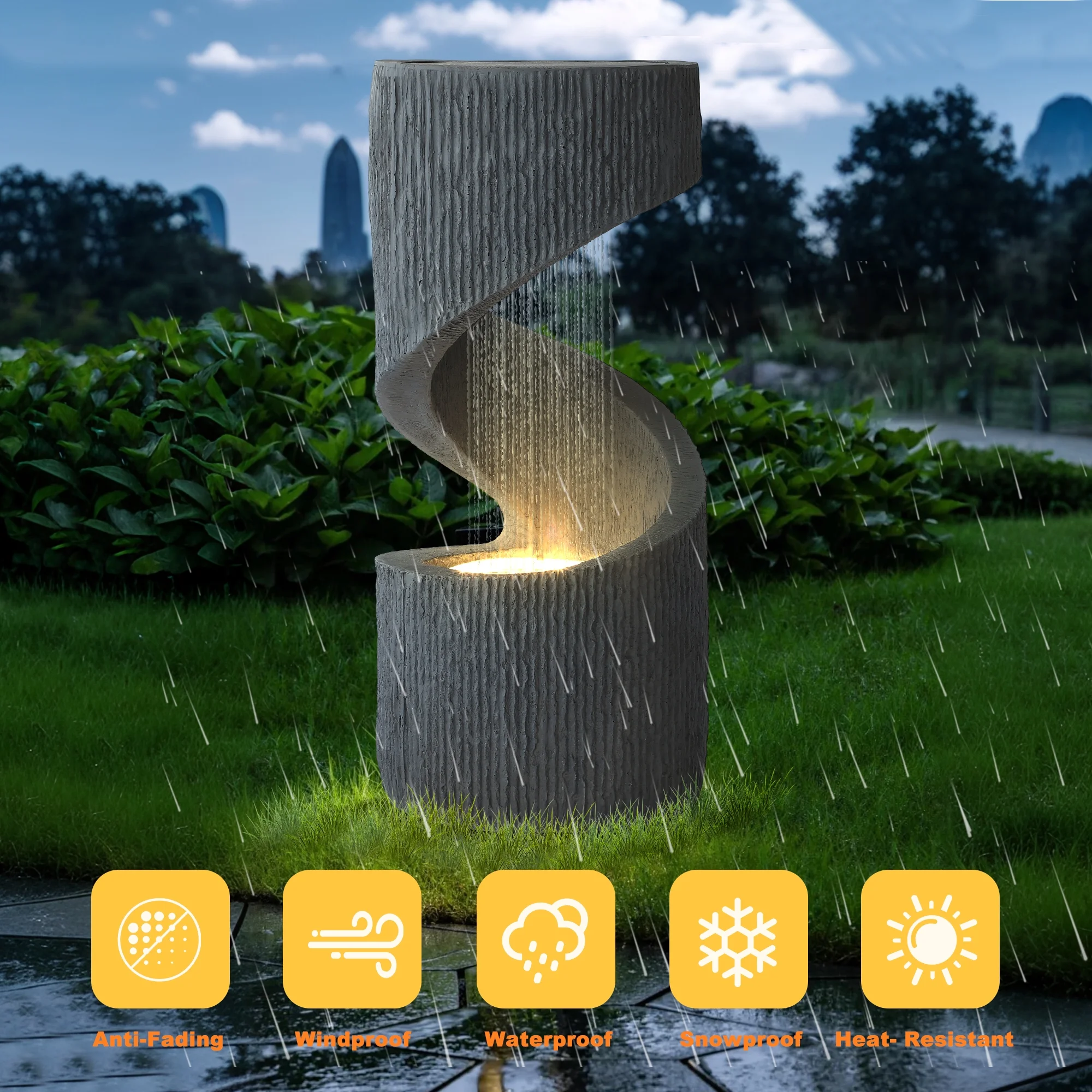 Outdoor S-Shaped Water Fountain, Spiral Waterfall Indoor Fountain Outside Garden Decor with LED Lights Pump, Curved Patio Resin Fountains for Yard, Deck, Porch and Home Decorations - Image 7
