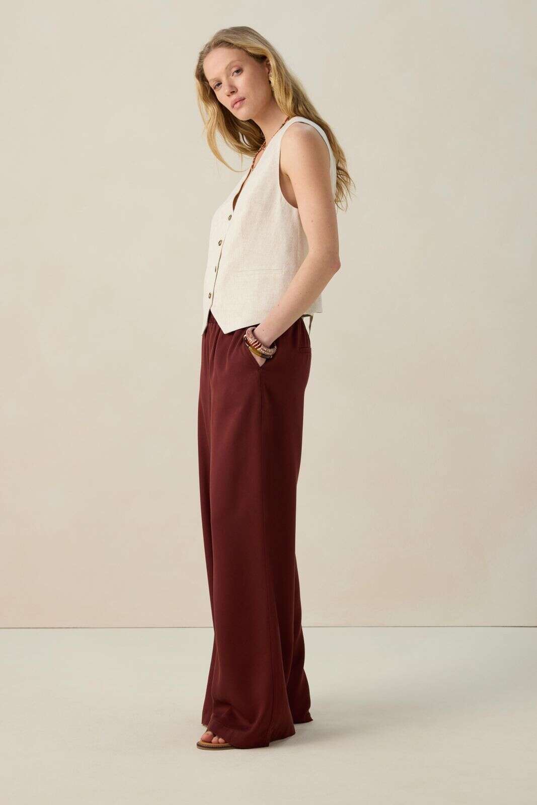 Donkerrode high waist wide leg broek