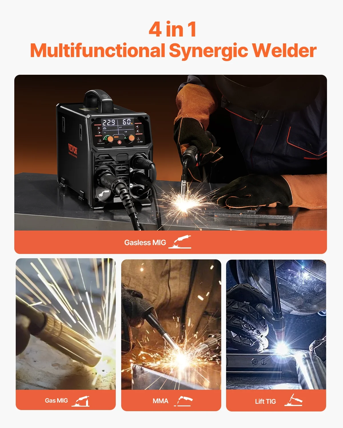 VEVOR MIG Welder, 200A Synergic Mig Welding Machine, 4 - in - 1 Gas MIG/Flux Core MIG/Stick/Lift TIG Multi - Process Welder Machine, 110V/220V Dual Voltage Mig Welder with IGBT Inverter & LCD Screen Display