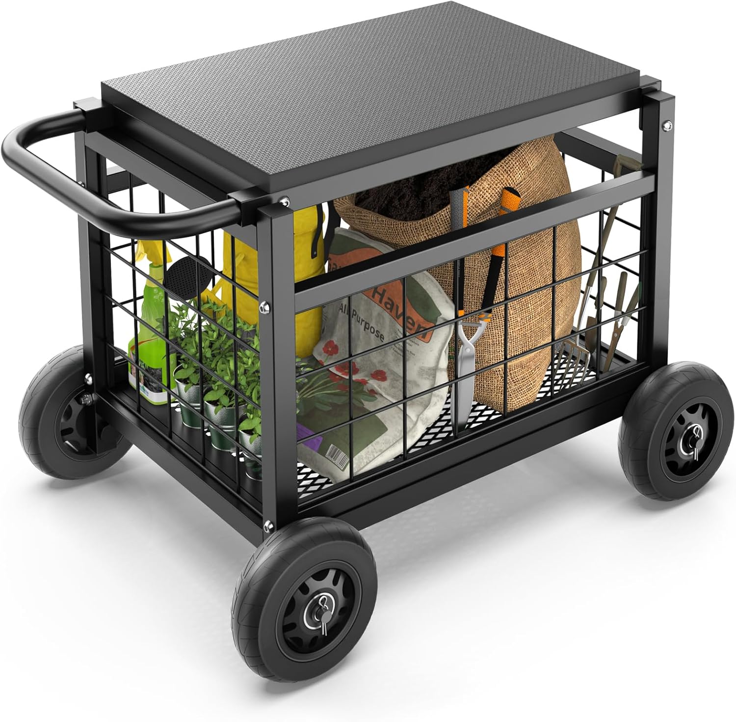 Garden Cart with Seat, 3-in-1 Rolling Seat with Wheels for Gardening Seniors