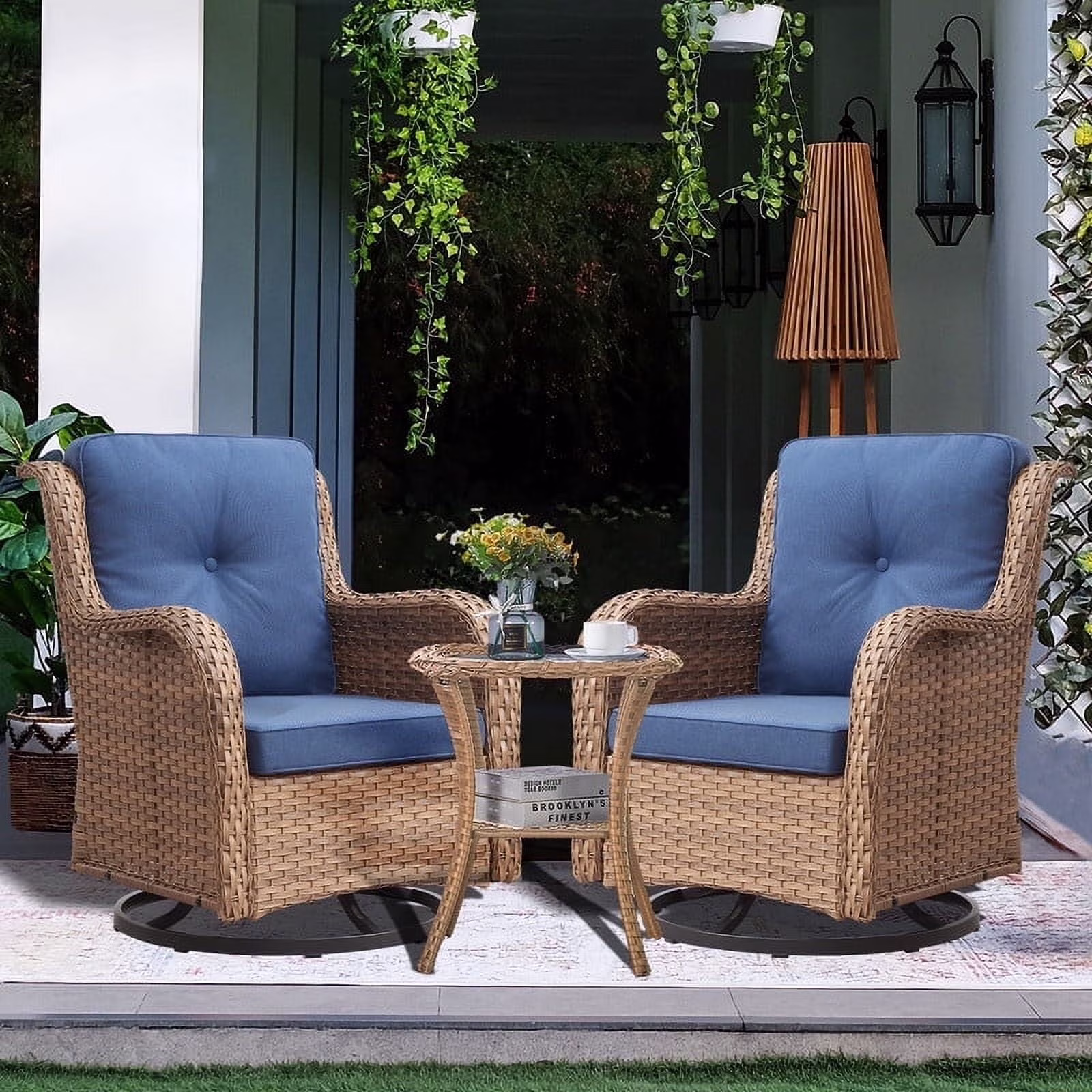 3 Piece Patio Set Outdoor Wicker Glider Rocking and Swivel Chairs with Cushions(Yellow/Beige) - Image 5