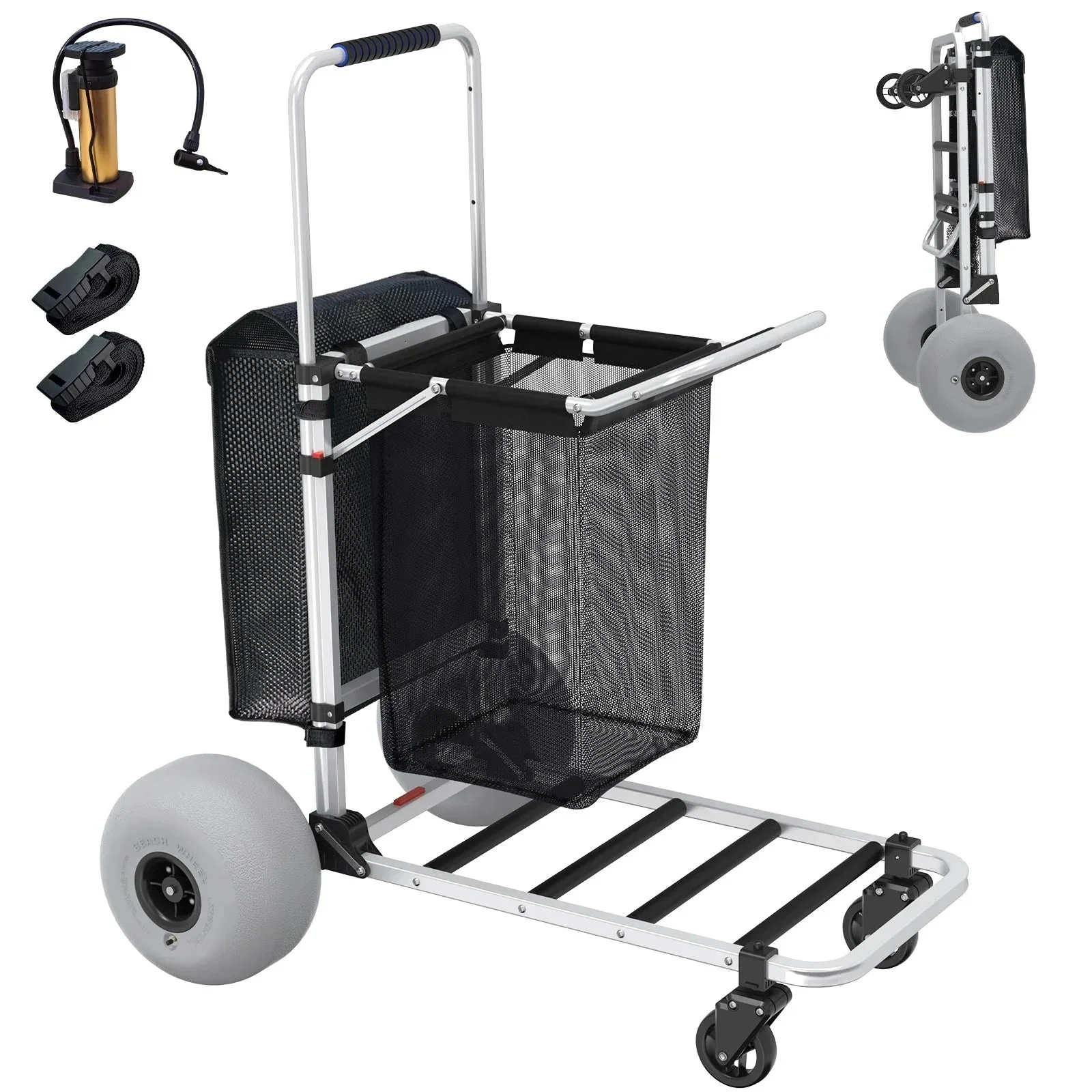 Foldable Beach Cart with Adjustable Handle and 12" Balloon Wheels, Heavy Duty Aluminum 220LBS Capacity
