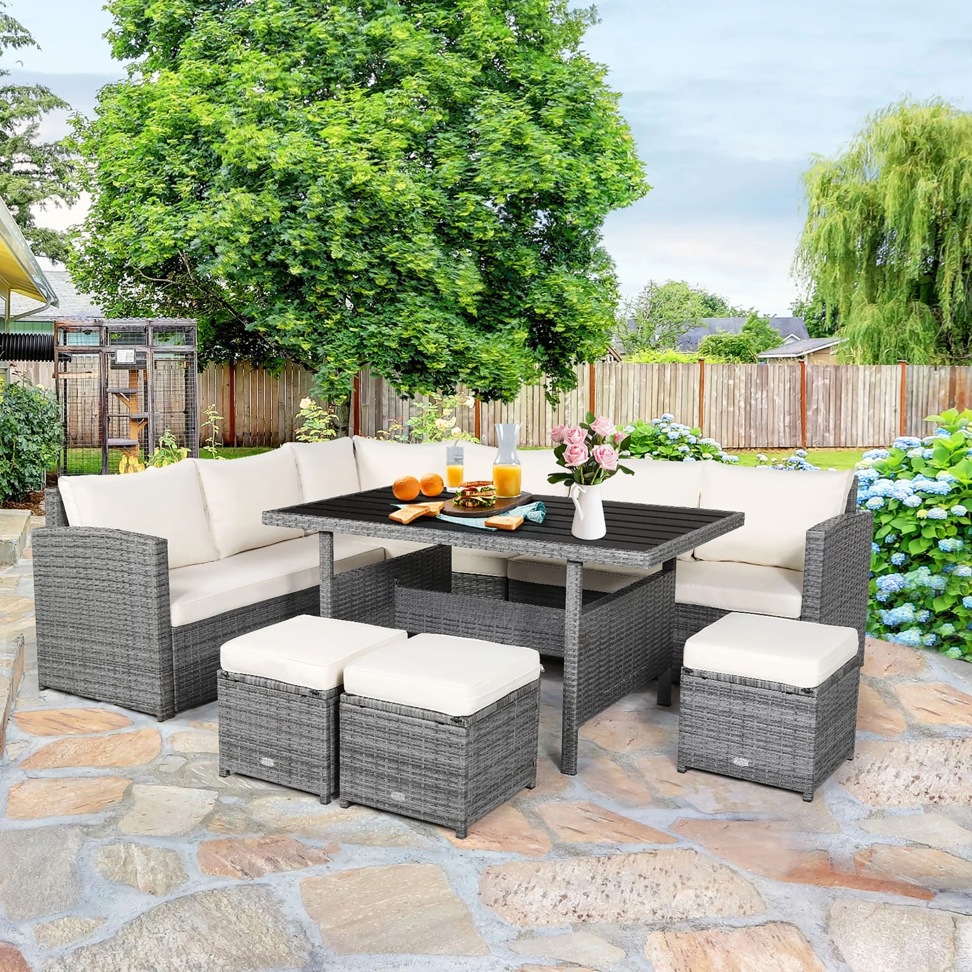 7-piece Outdoor Rattan Patio Furniture Set Black(Black) - Image 2