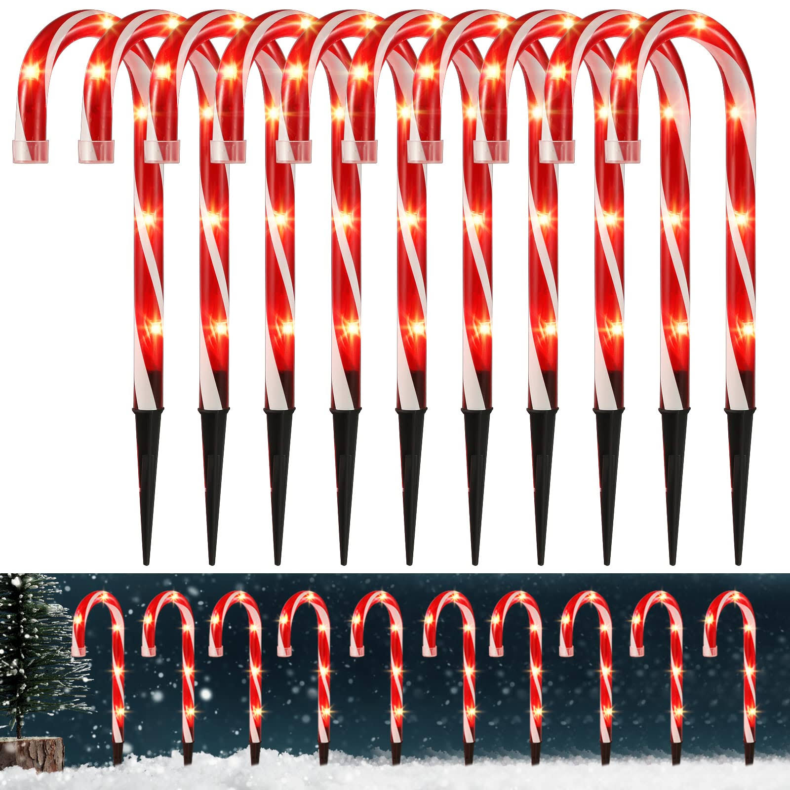 Christmas Candy Cane Pathway Markers Lights, Candy Canes Lights Outdoor, 10 inch Set of 10 Pack Christmas Candy Cane Lights Decorations Yard Candy