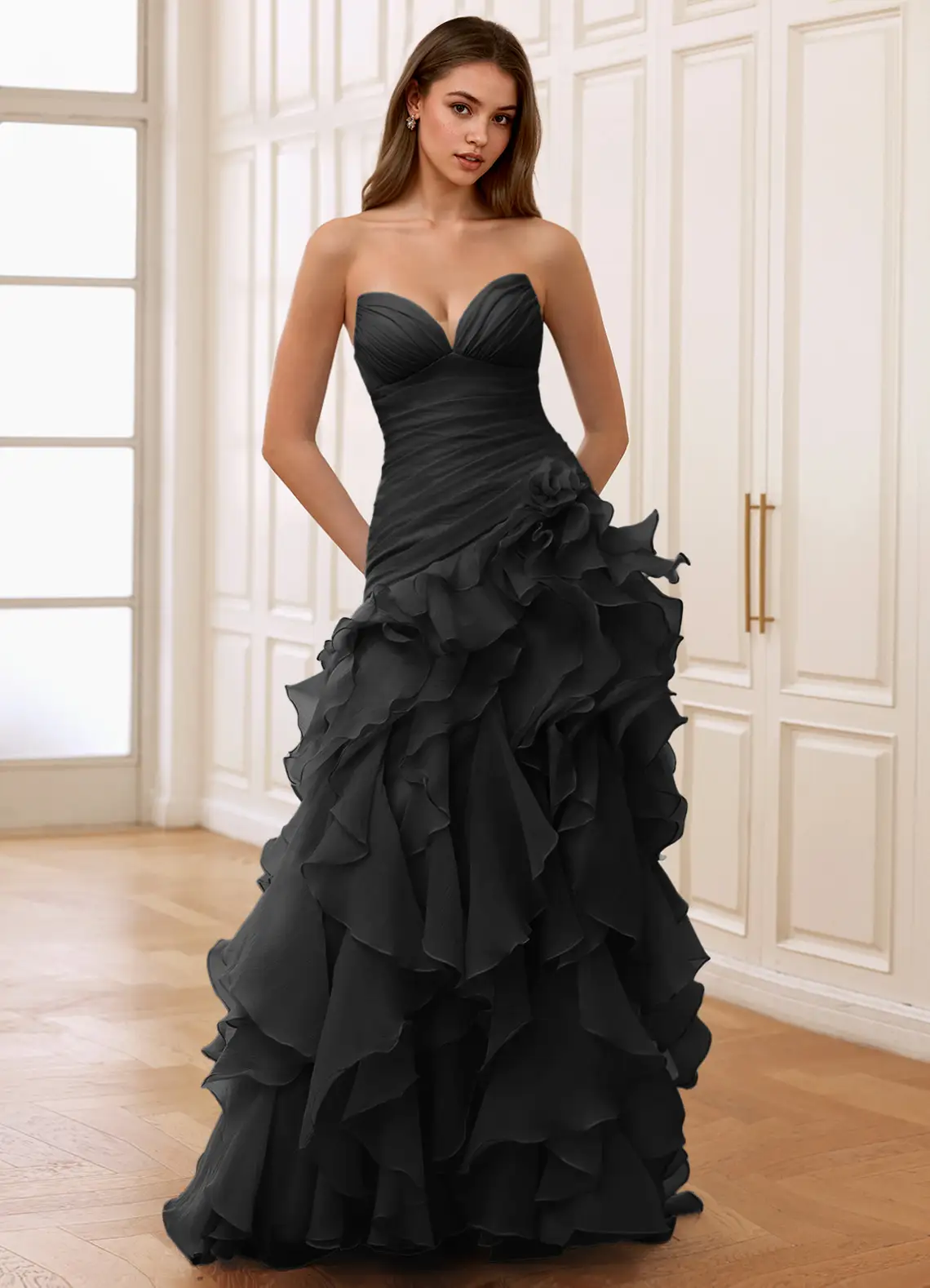 Christabelle Black Sweetheart Strapless Ruffled Dress