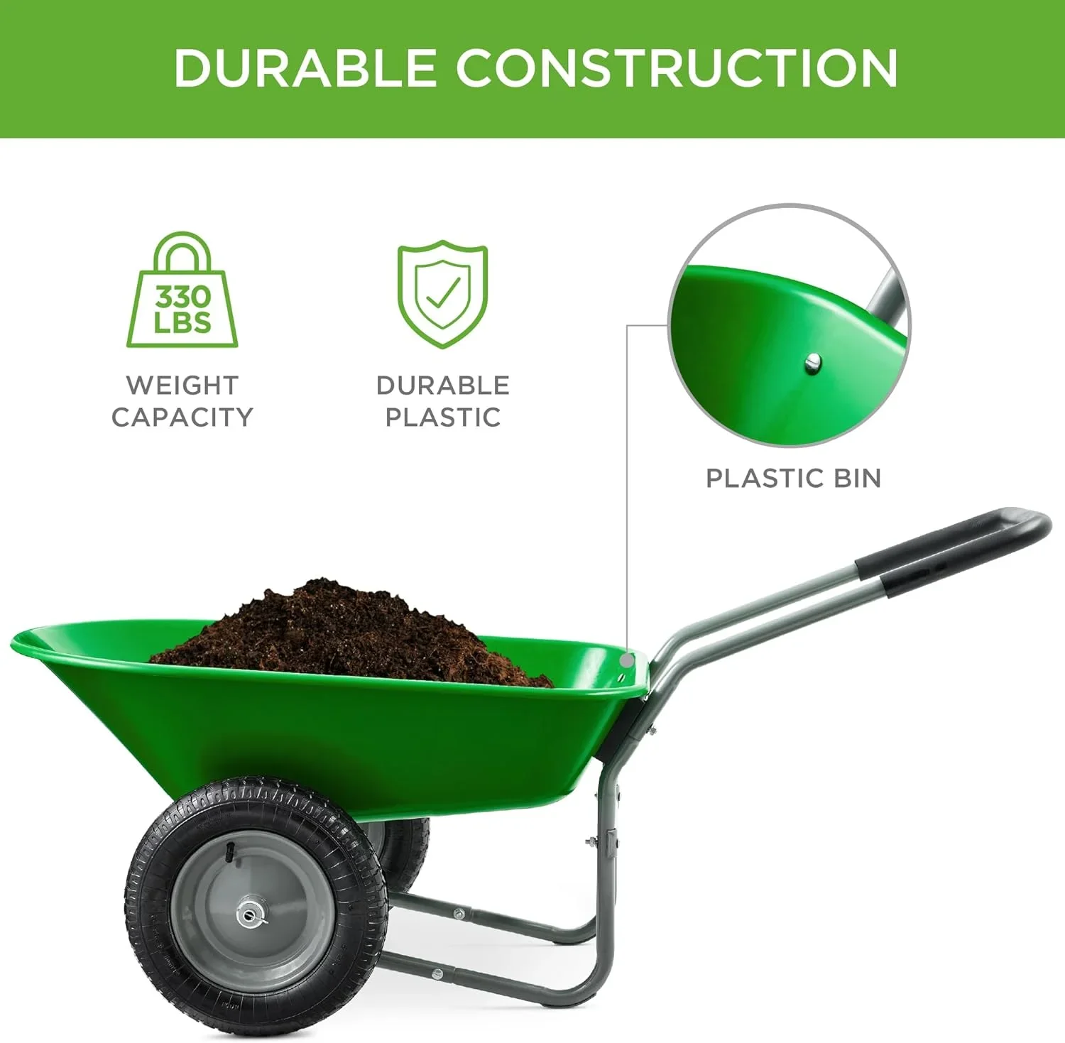 SAZYY Heavy-Duty Dual-Wheel Home Utility Yard Wheelbarrow & Garden Cart with Built-in Stand �C Versatile Solution for Lawn Care, Gardening & Construction Tasks, Gray
