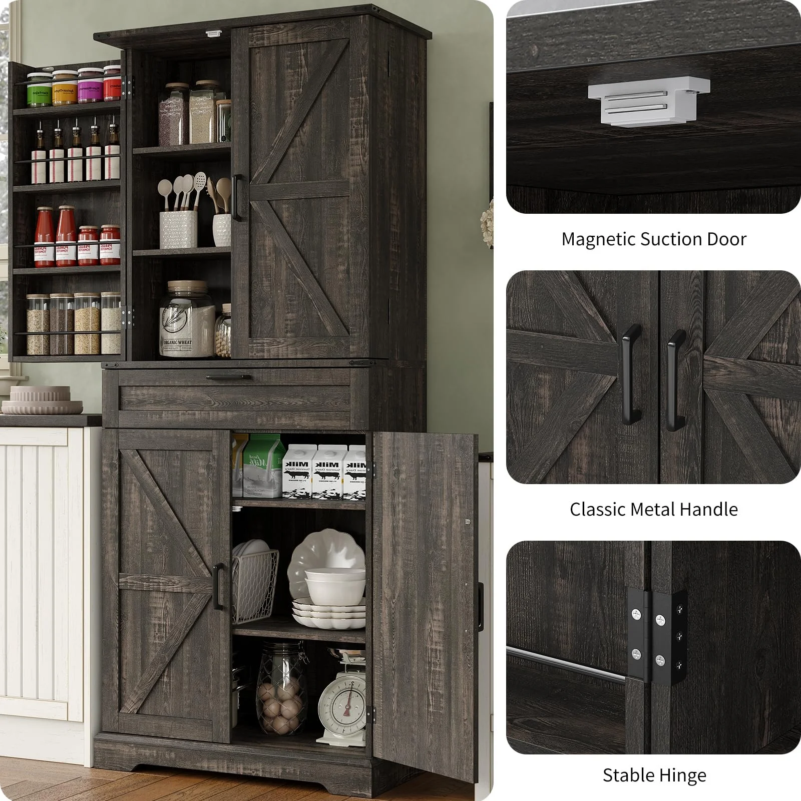 72'' Kitchen Storage Pantry Cabinet, Tall Storage Cabinet with 8 Door Shelves, 2 Cabinets and 1 Drawer, Freestanding Cupboard for Kitchen, Dining Room, Bathroom, Laundry(Dark Rustic Oak) - Image 10