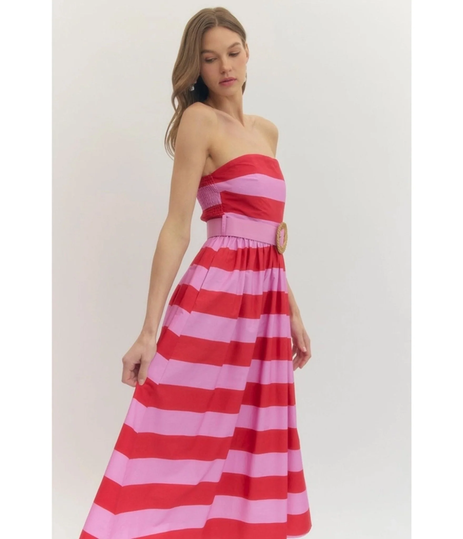 Pink & Red Stripe Strapless Midi Dress