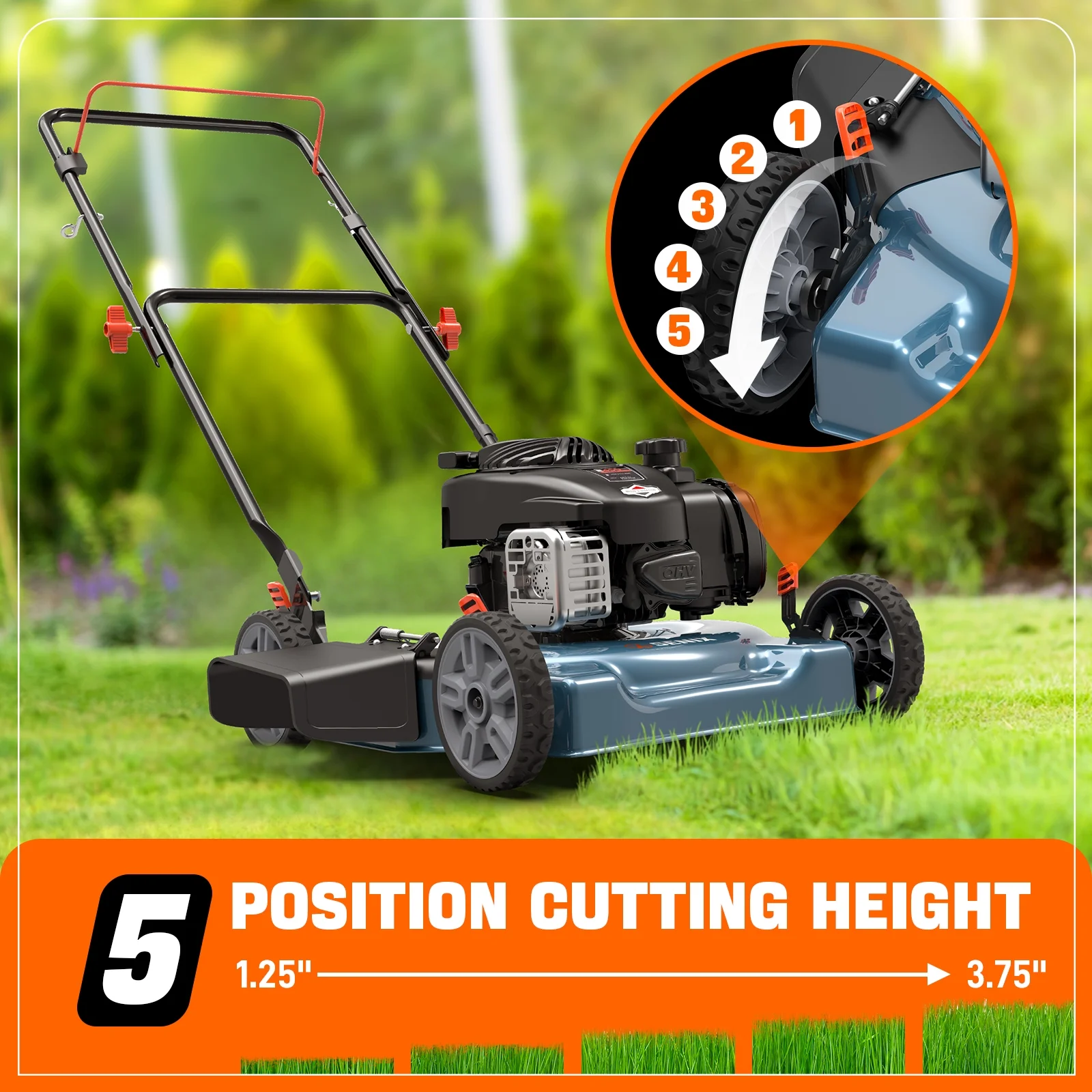 Gas Lawn Mower 20in Cutting Blade 21in Cutting Deck, 125 cc 4-Cycle Made in USA Engine Push Mower, Side Discharge, 5-Position Height Adjustment, LSPG-L3(20in) - Image 4