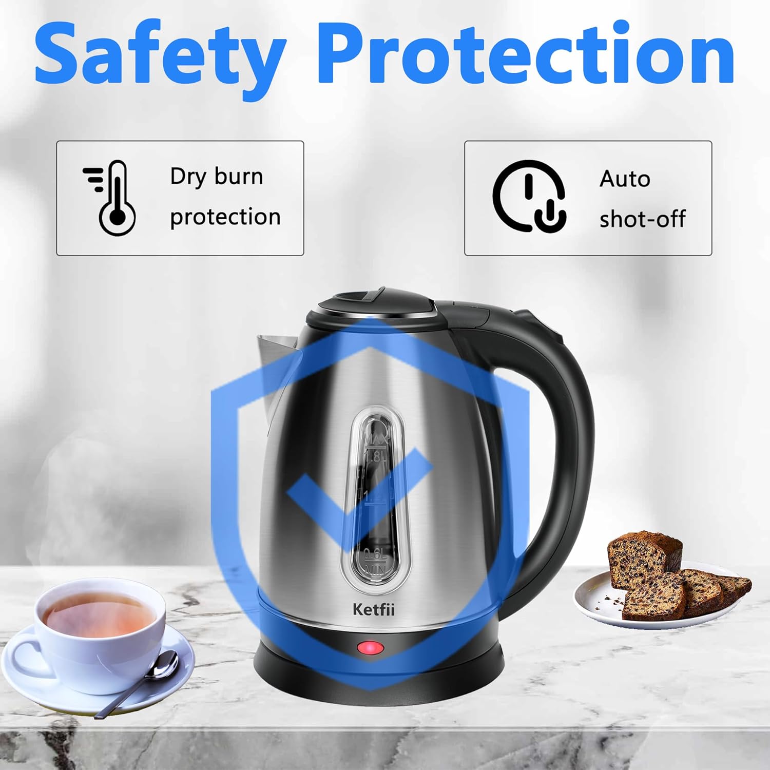 Stainless Steel Electric Kettle, 1.8 Liters Tea, Coffee Kettle & Hot Water Boiler, 360 °   Swivel Base, BPA Free, Auto Shut-Off, Boil-Dry Proof, 1100W