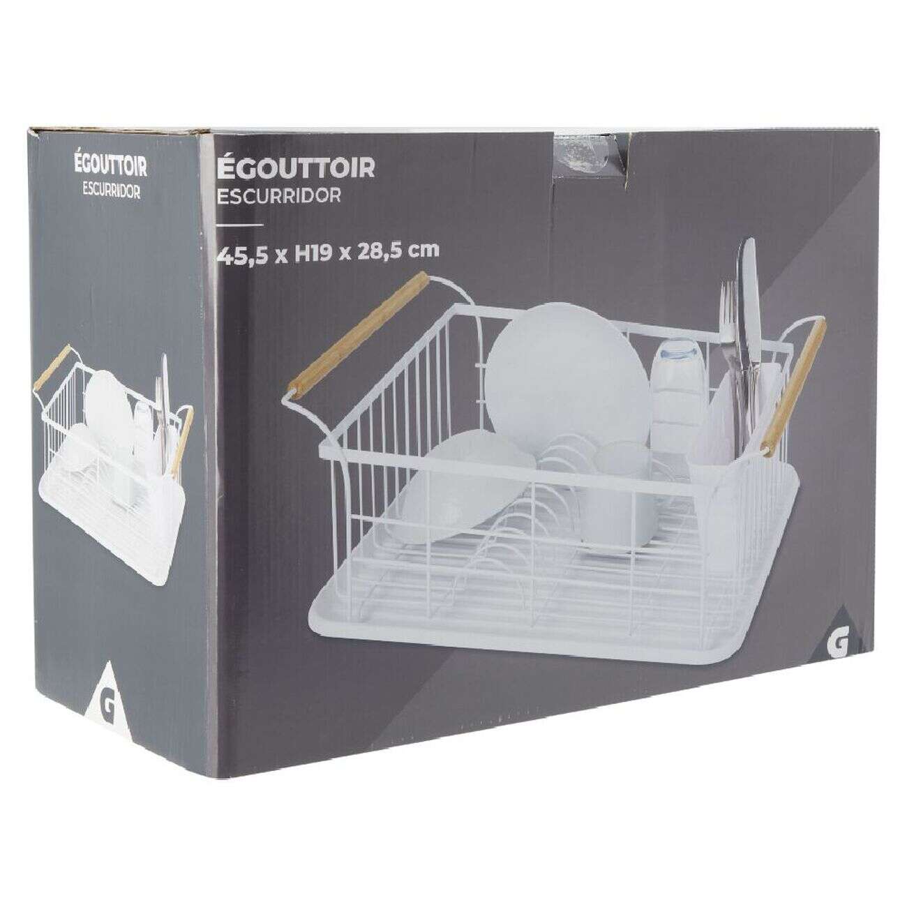 Égouttoir à vaisselle en métal blanc avec poignée en bambou