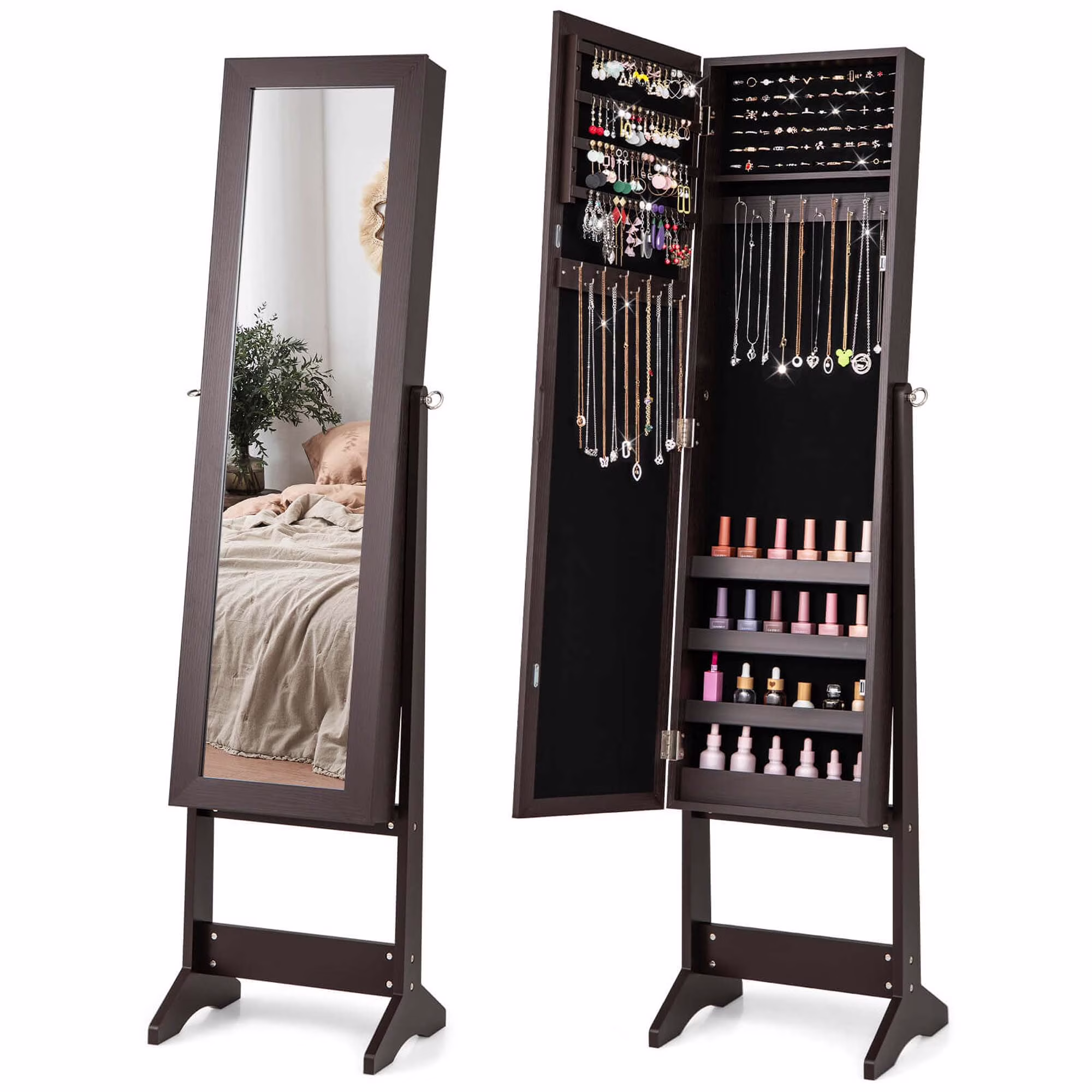 Jewelry Mirrored Cabinet Armoire Organizer Storage Box w/ Stand Christmas Gift(Black) - Image 7