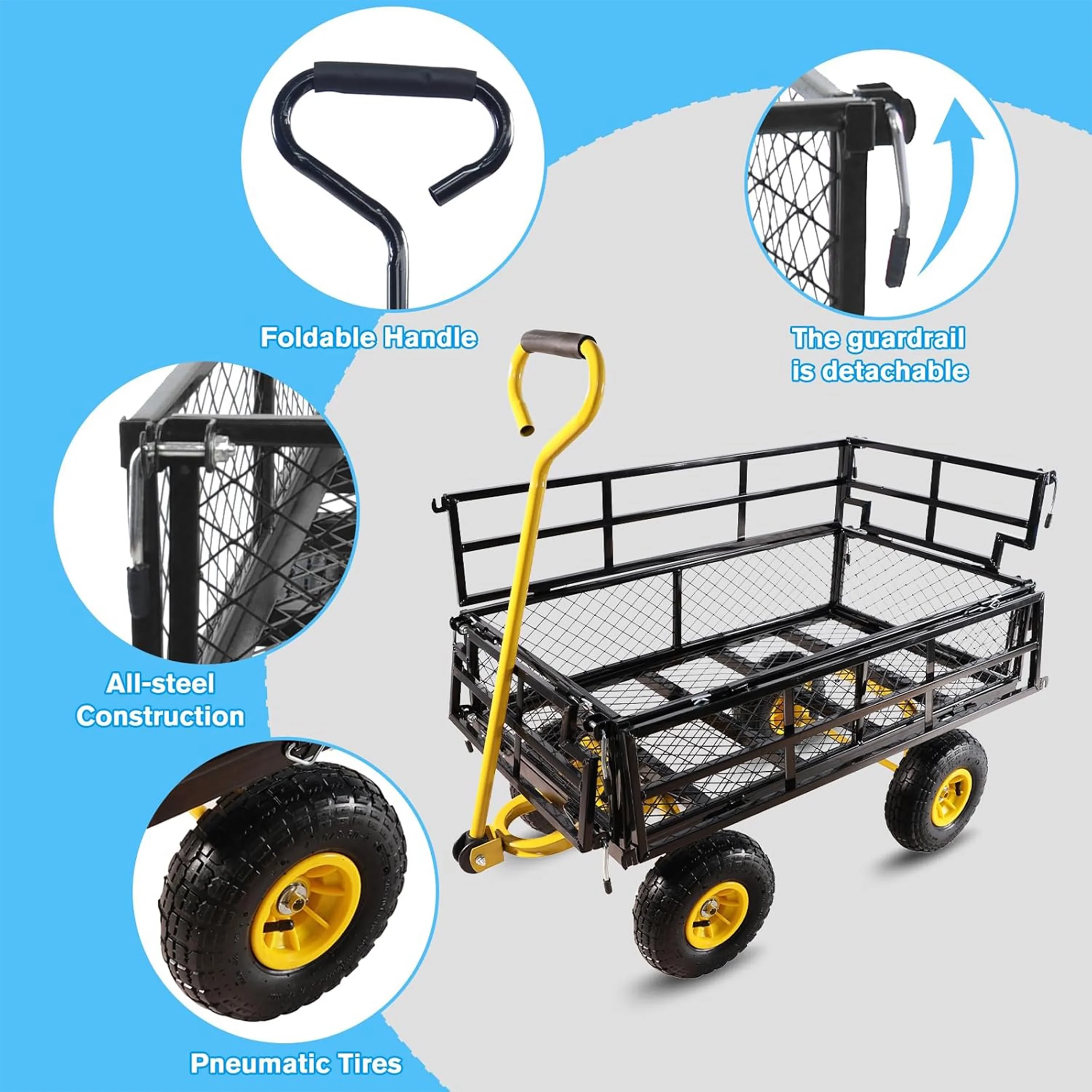 Furnibear Heavy Duty Steel Garden Cart 1500lbs Capacity, 6.35 cu ft, 40.55 x 27.56 Folding Utility Wagon with Double-Layer Removable Side, Black