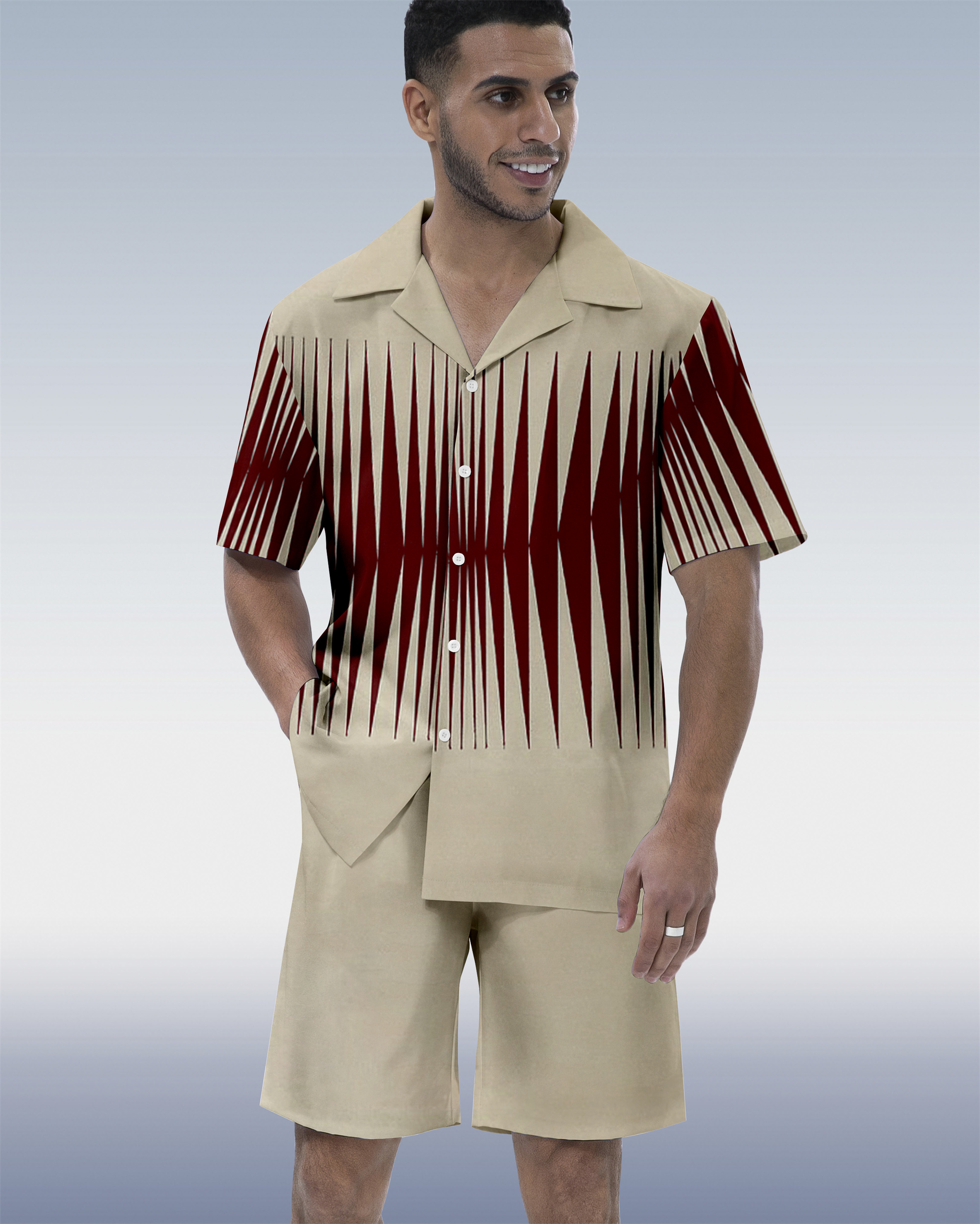 Ensemble chemise homme à manches courtes, col cubain, motif géométrique hawaïen colorblock 163
