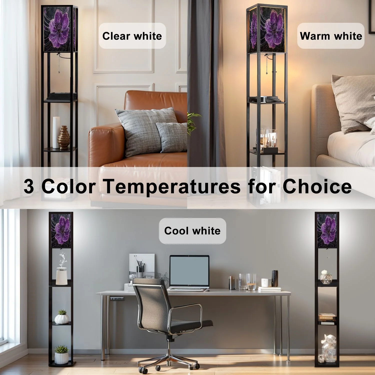 Floor Lamp with Shelves Corner Display Bookshelf Lamp for Living Room and Bedroom Purple Purple Wall Decor Purple Flower LED Modern Shelf Floor Lamp 3 Color Temperature(Color-1) - Image 9