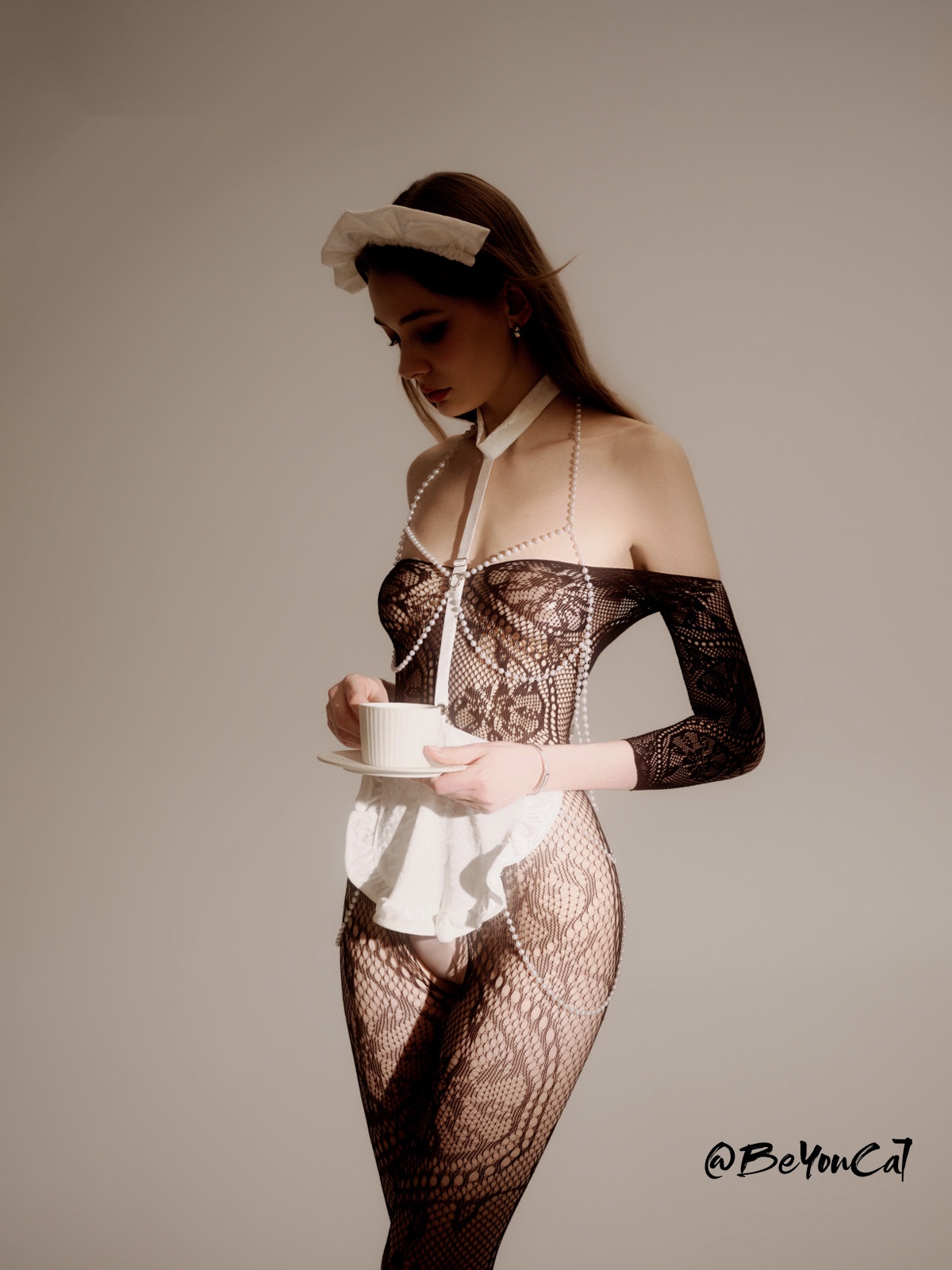 Bu You Cat: Pearl Chain Cosplay Maid Bodysuit with Stockings