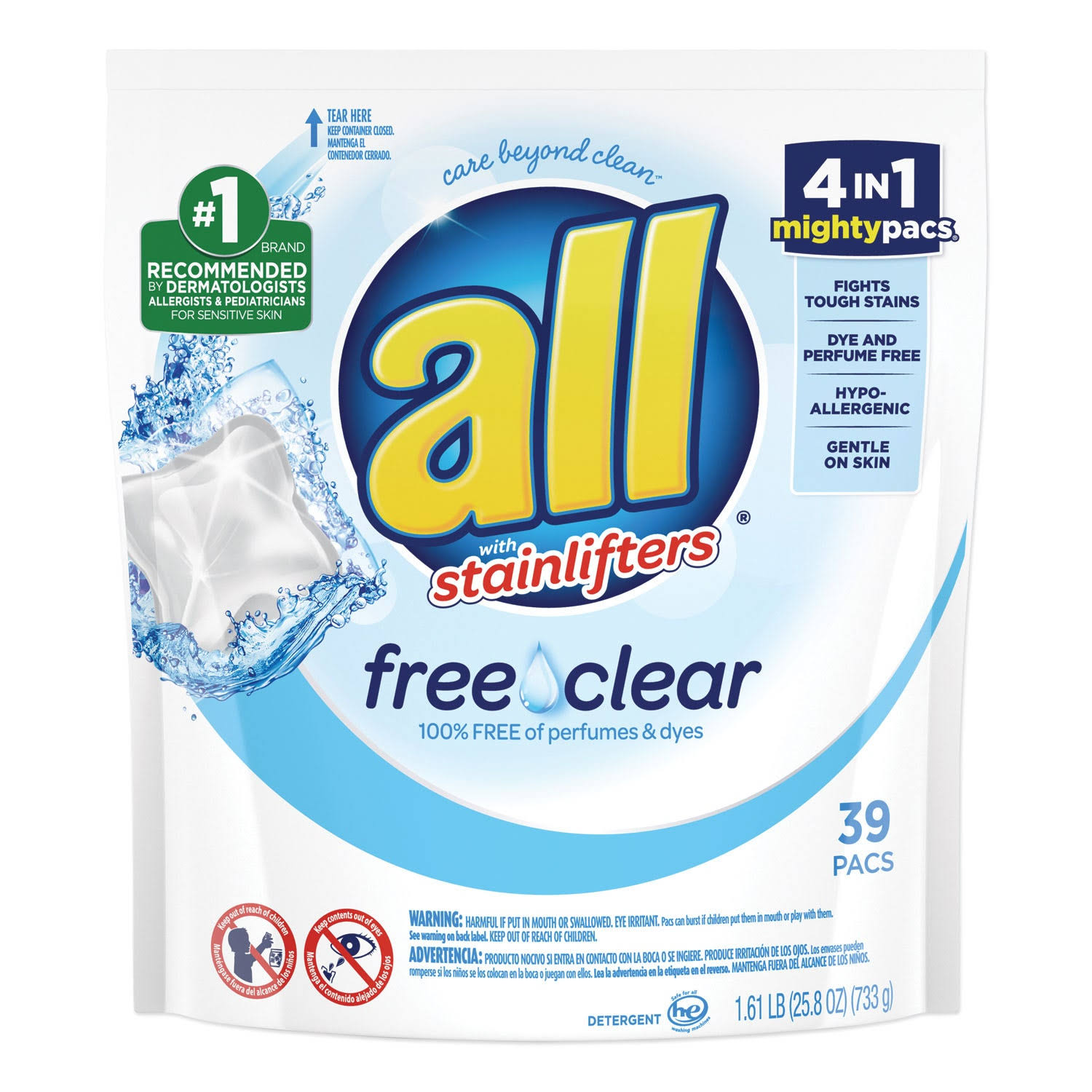 All Detergent, with Stainlifters, Free Clear - 39 pacs, 1.61 lb