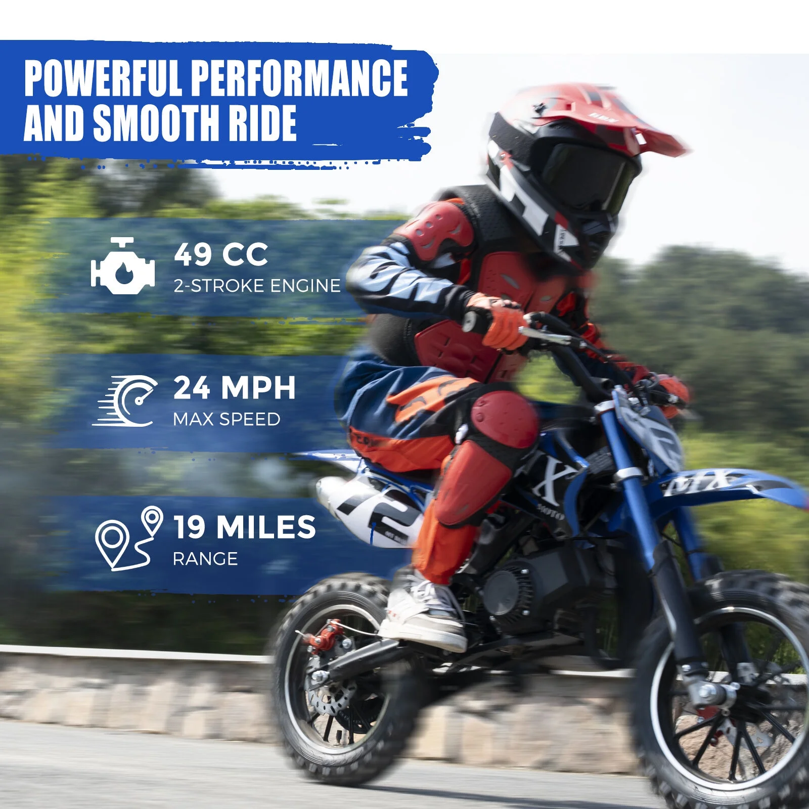 49CC Kids Dirt Bicycle, 2-Stroke Gas Powered Off Road Motorcycle, Tire Shock Absorber Spring Soft Seat Cushion with Front and Rear Disc Brake, Max Speed 28 MPH(Basic) - Image 9