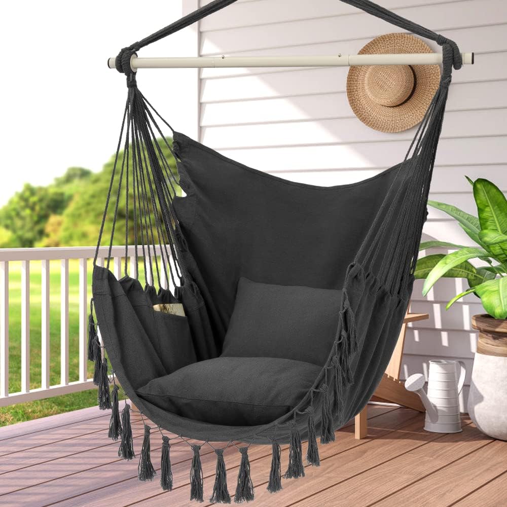 Fauteuil suspendu en corde Y-Stop, supportant jusqu'à 227 kg (500 lb), 2 coussins inclus, grand fauteuil suspendu en macramé avec poche pour un confort supérieur, avec kit de quincaillerie (gris foncé)